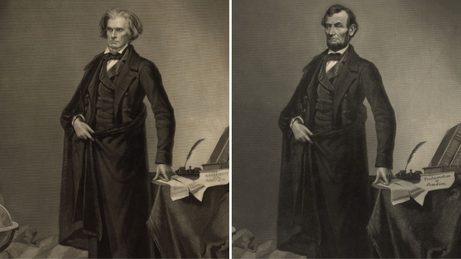 A portrait of John Calhoun; a portrait of Abraham Lincoln that was doctored.