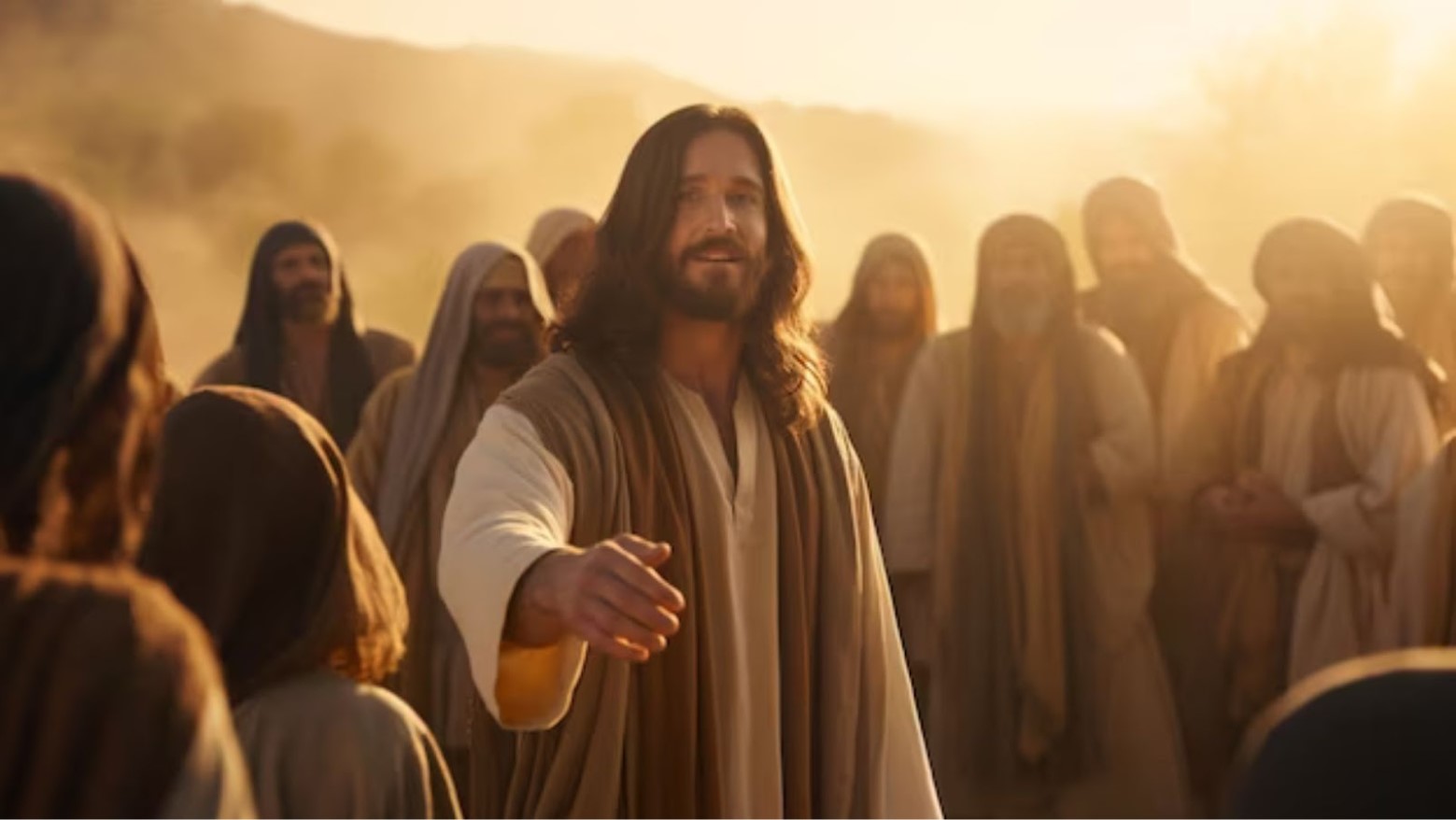 Digital illustration of Jesus speaking with a crowd