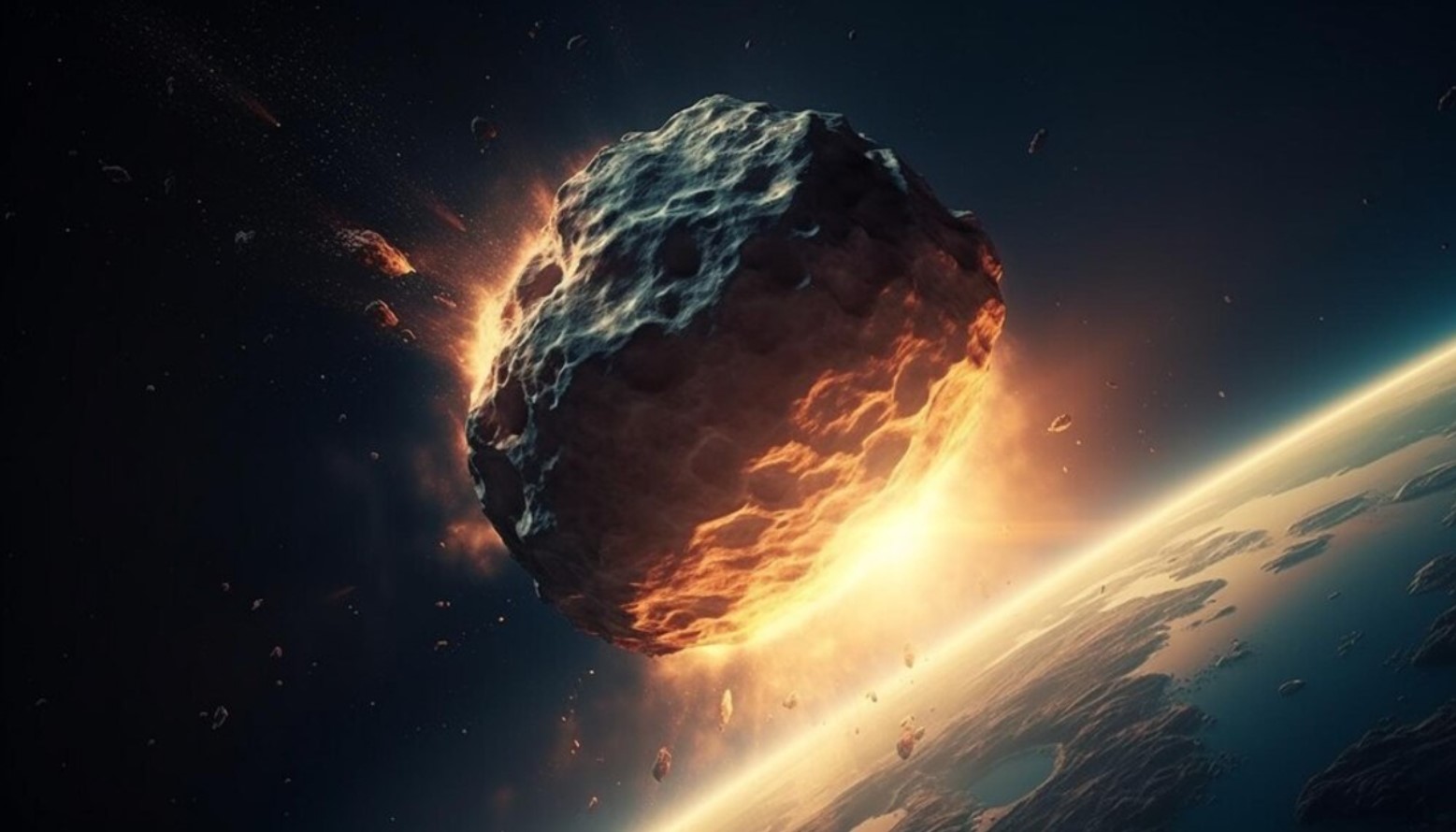 Digital illustration of asteroid hitting planet Earth