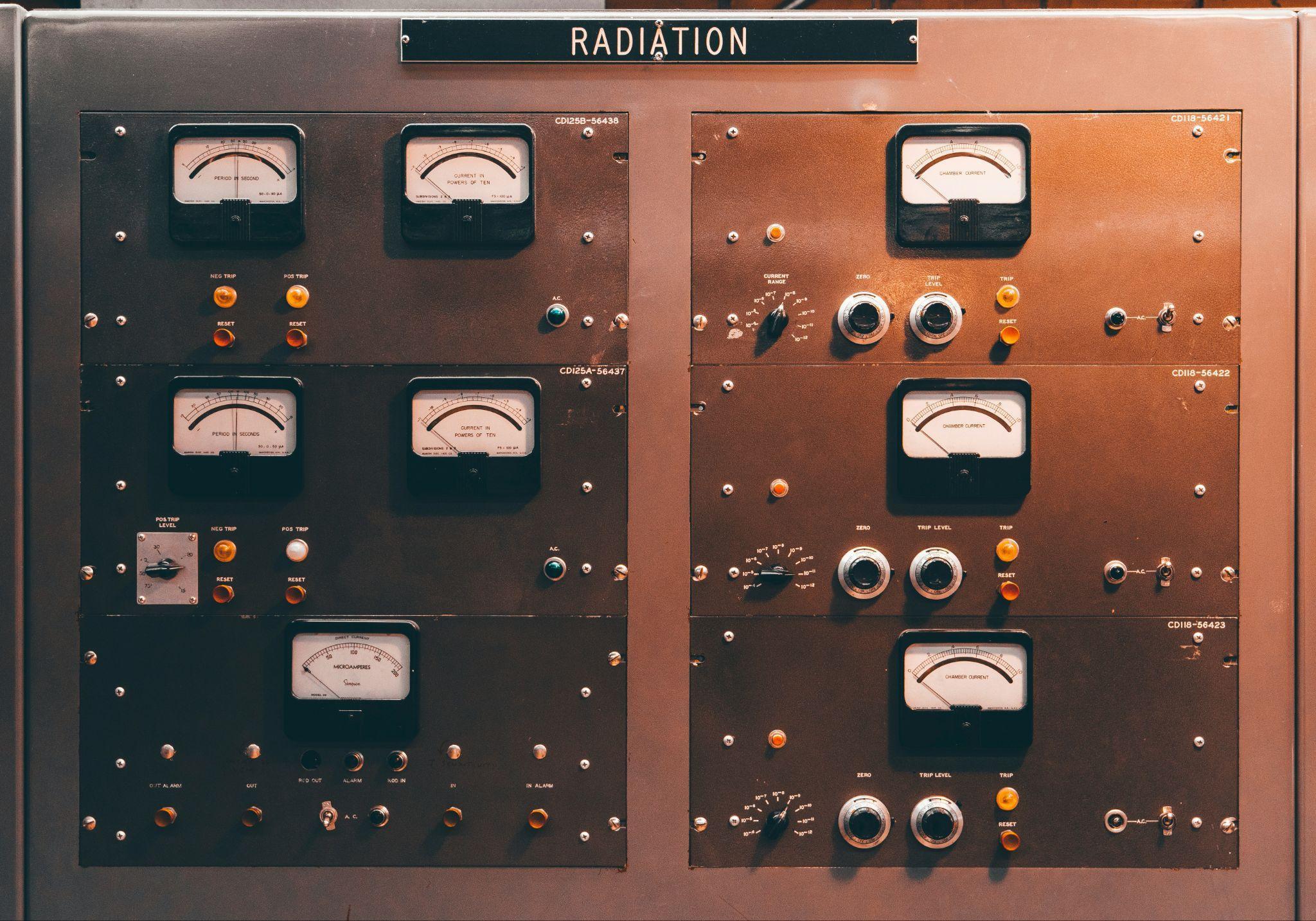 A close-up of radiation meters in an old nuclear plant that is now a museum.