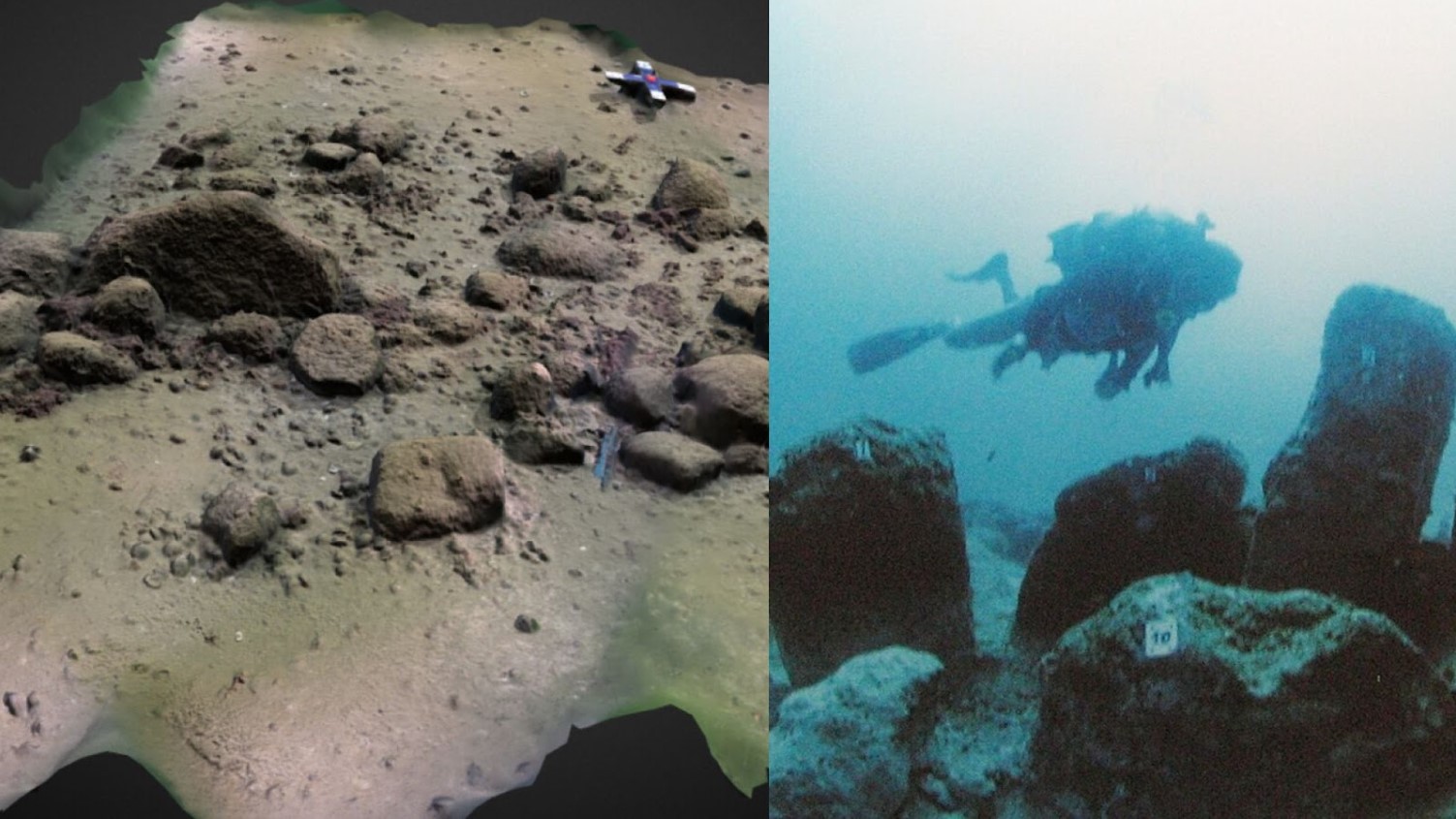 A 3-D model of the so-called Blinkerwall discovered in the Baltic Sea/Photograph of a diver exploring a unique underwater site