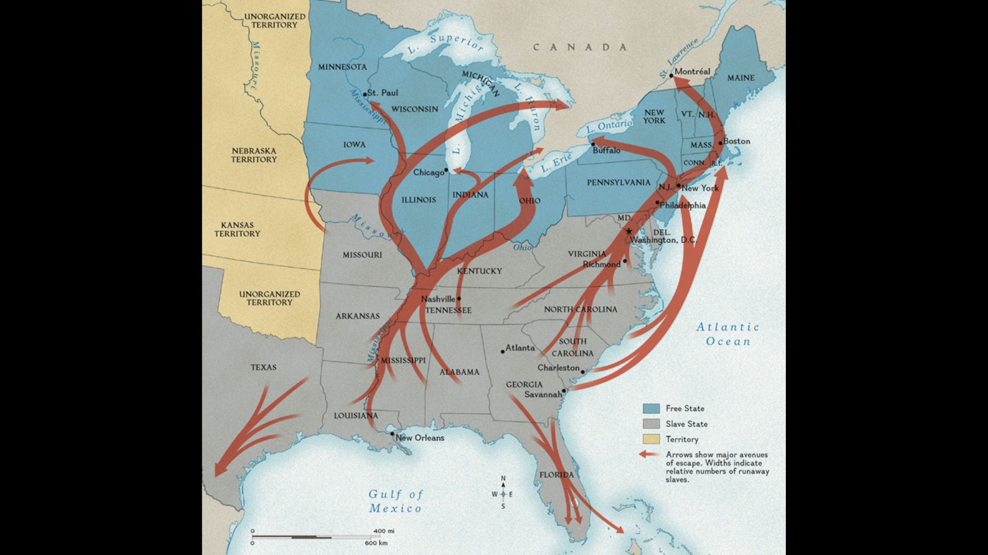 Map of the Underground Railroad which helped slaves escape from the South to the North
