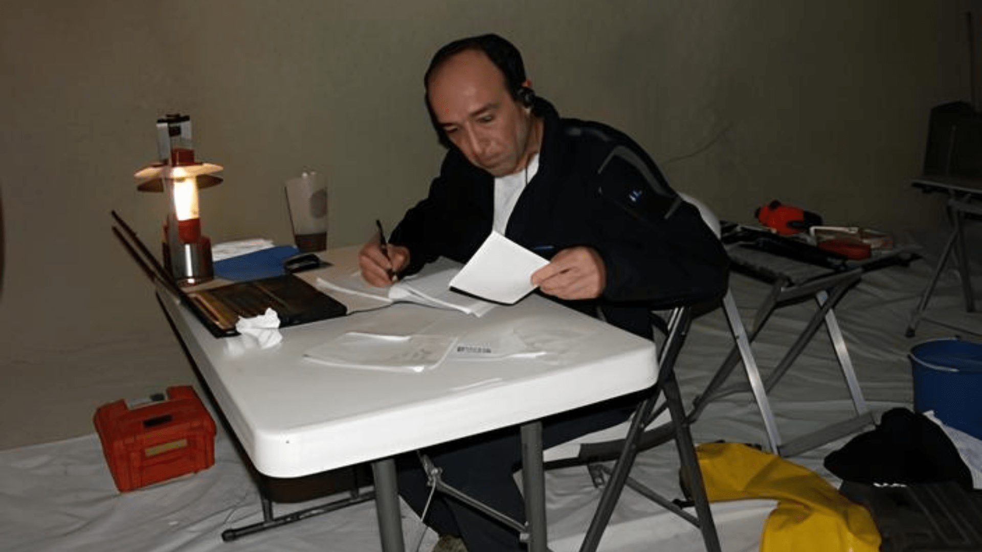 Researcher Giovanni Badino at work after exiting the Naica Crystal Mines in 2006.