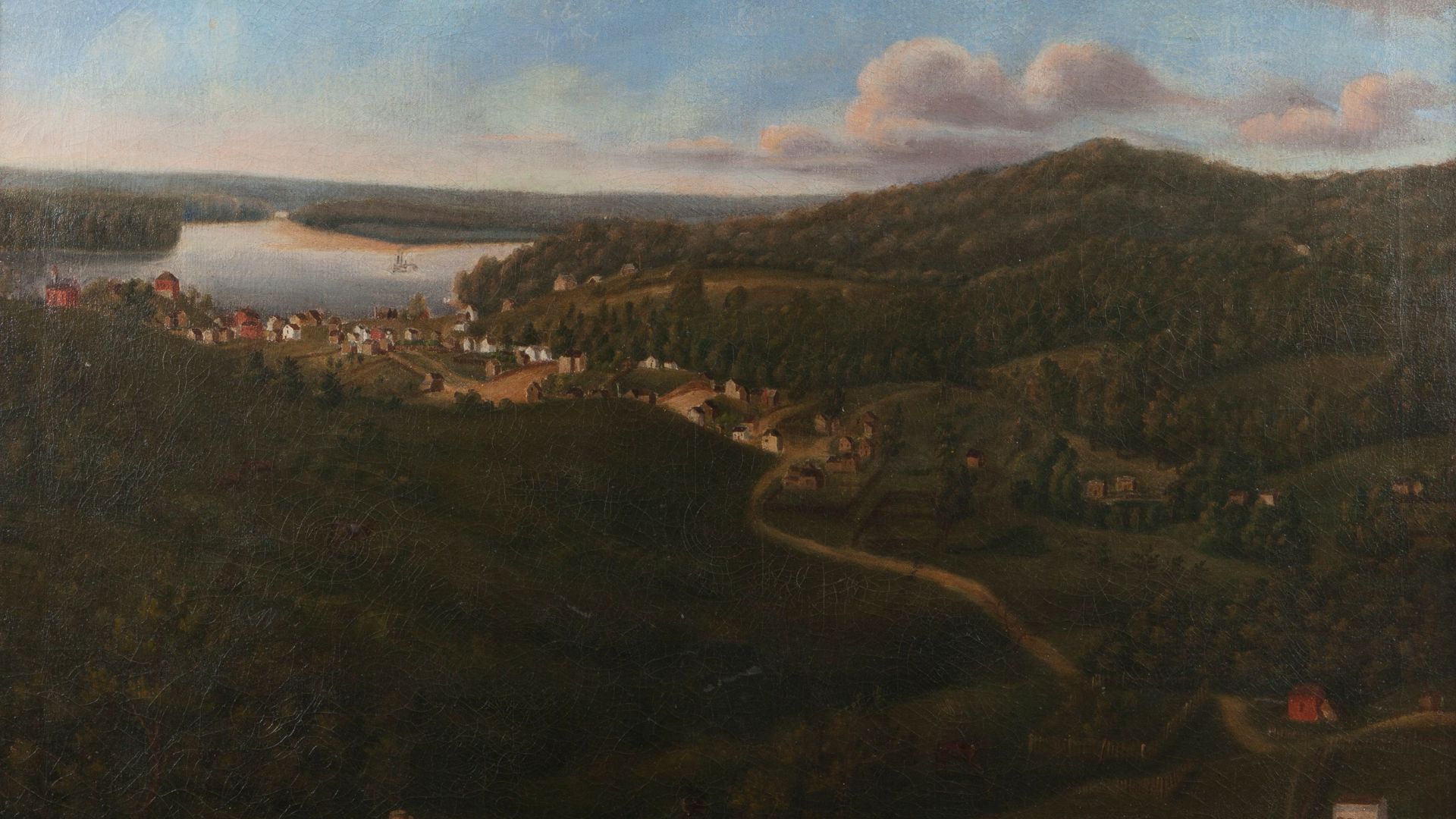 An old painting of Herman, Missouri with a small steamboat seen on the distant Missouri River.