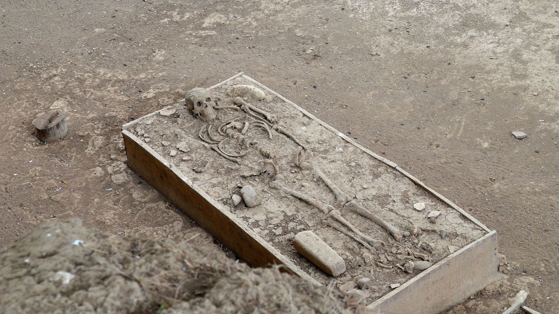 Burial remains of a human skeleton seen at the El Caño Archaeological Park in Panama.