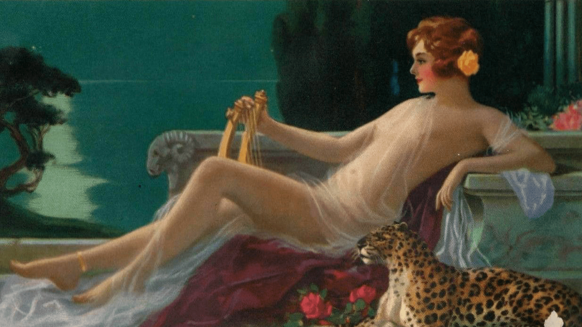 Helen of Troy 1934 calendar print, published by Louis F. Dow and painted by Henry Hintermeister. Helen is shown lounging on a marble throne and holding a harp. A cheetah is lying beside her.