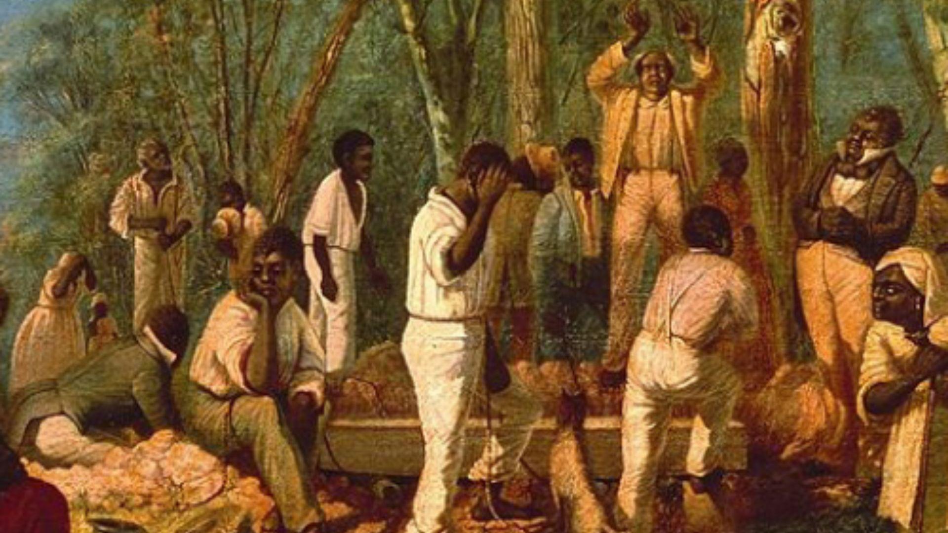 An oil painting depicting African American men and women in a field setting, dressed in period clothing from the 19th century. The individuals are engaging in various activities, some standing with hands raised, while others are sitting or leaning on tools