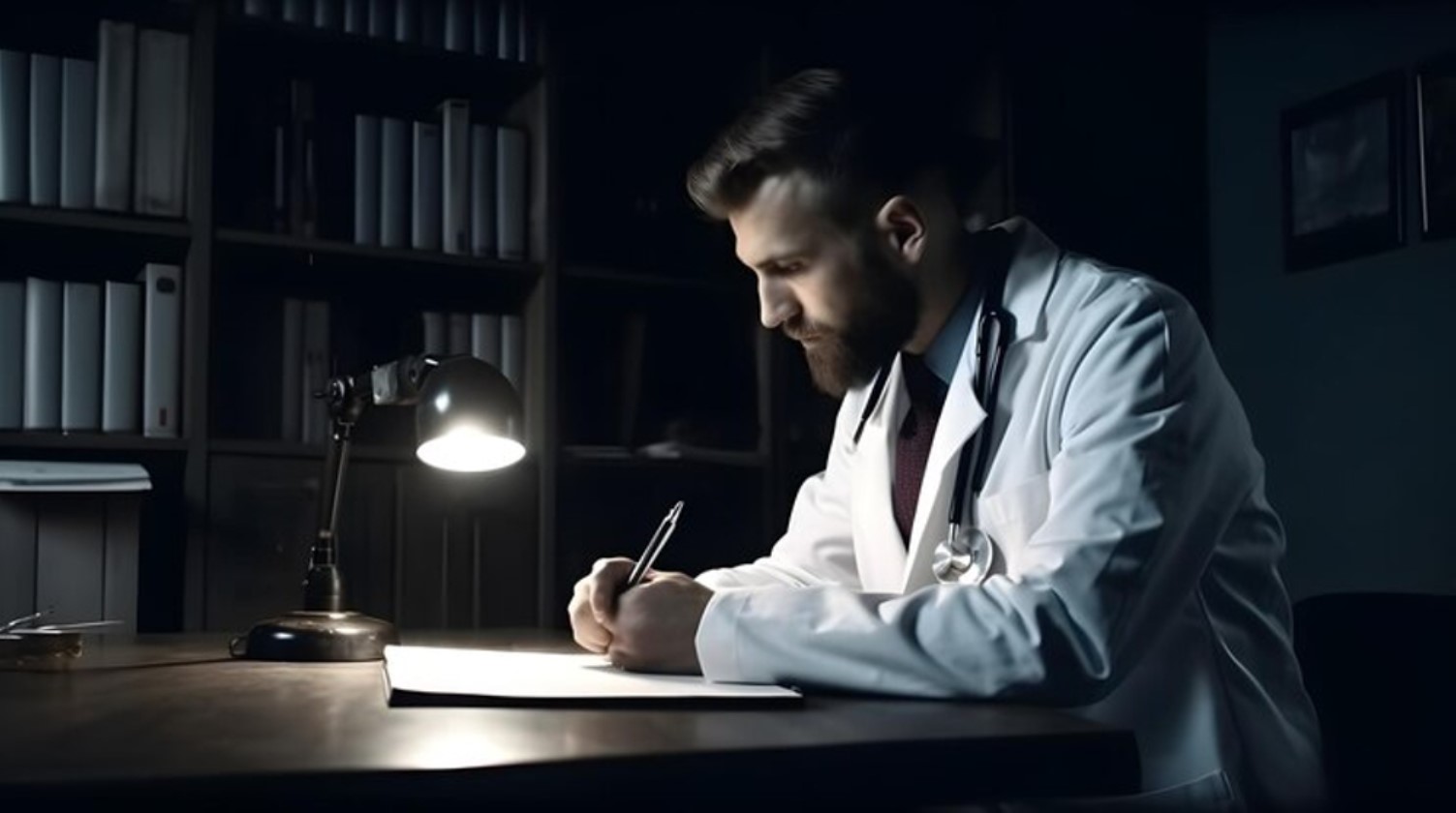 A scientist is pictured working on a new theory at his desk