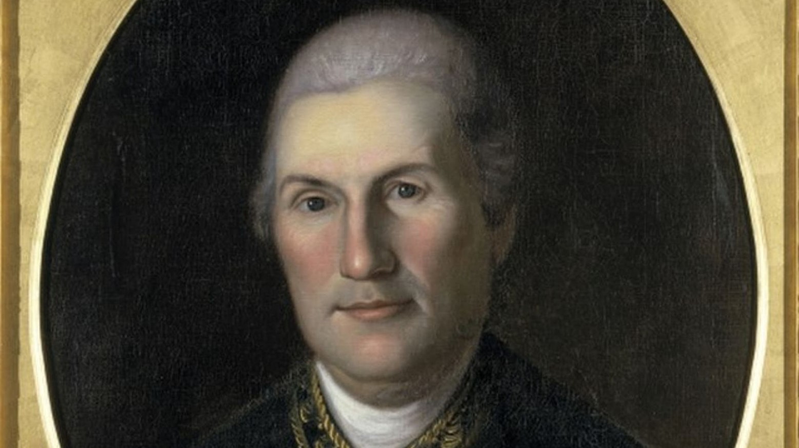 A portrait of Comte de Rochambeau. The painting is within a gold frame.