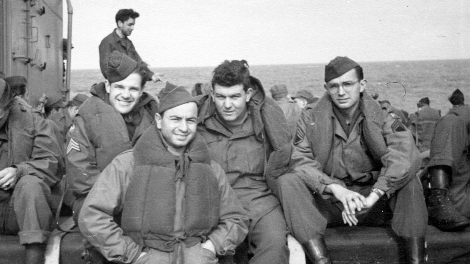 A group of U.S. soldiers on a boat during World War II.