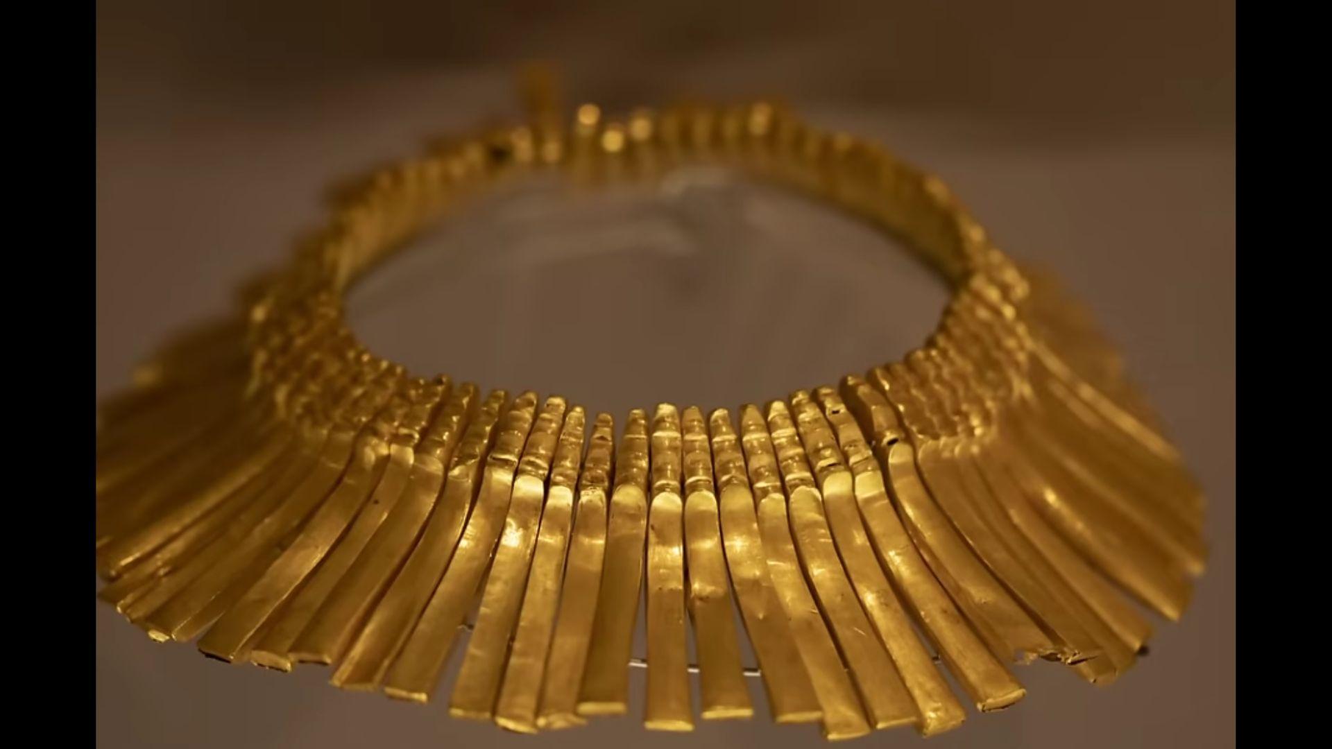 Intricate gold necklace found in tomb No. 9 at the El Caño archaeological site in Panama