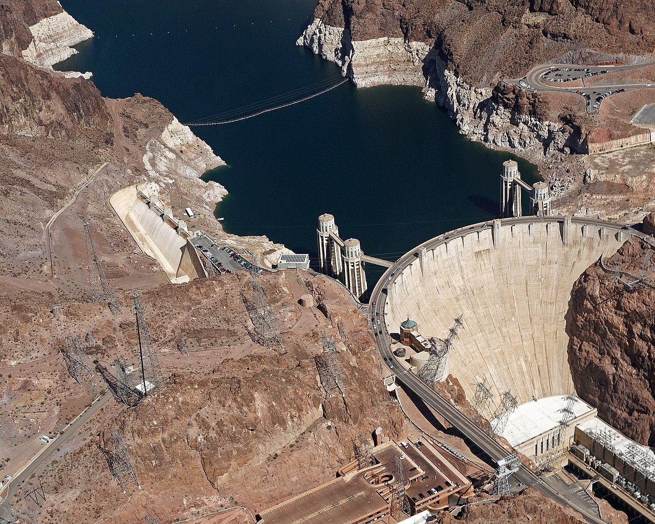 Aerial view of the Hoover Dam and its surrounding landscape