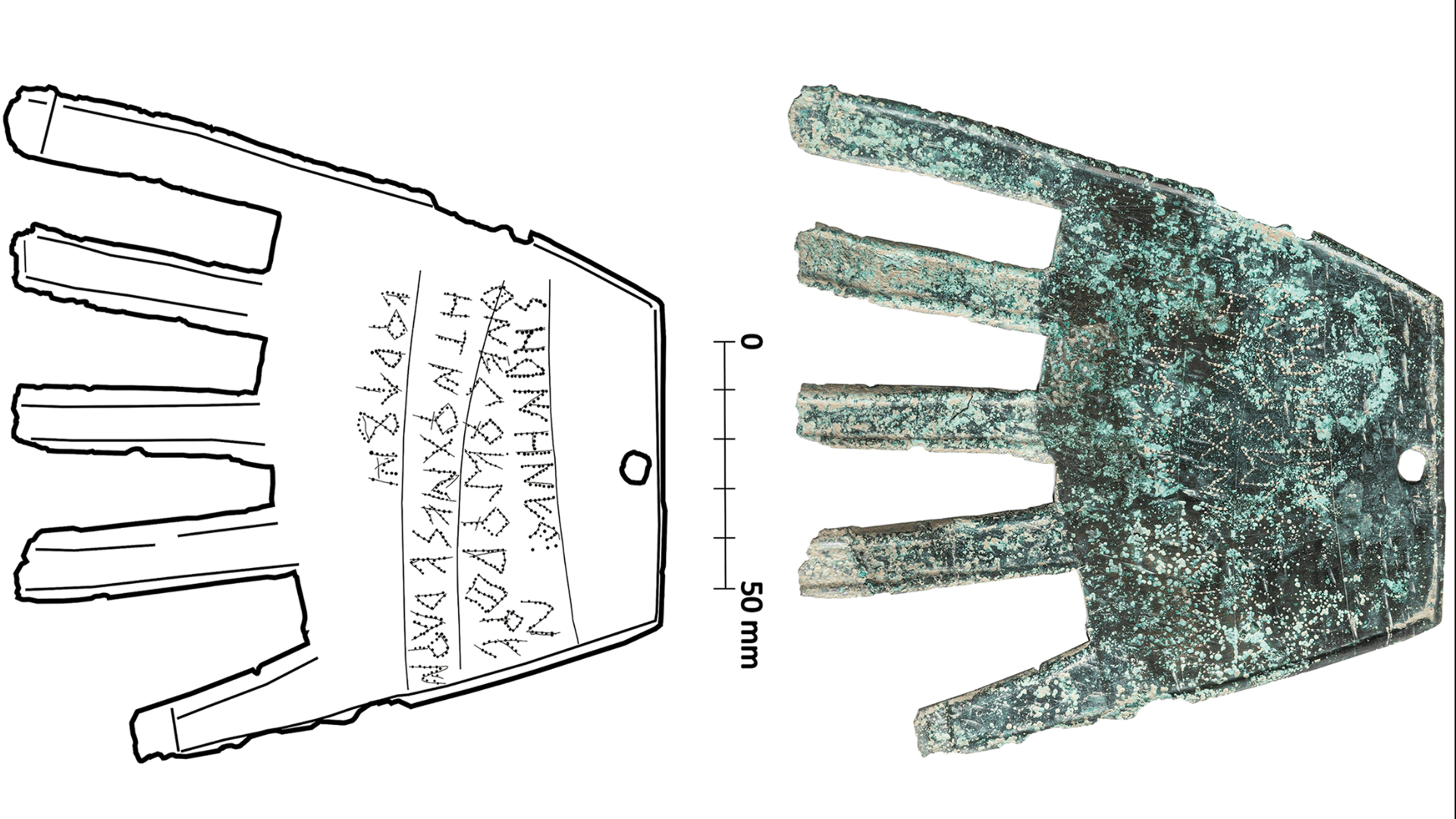 Photograph of the Irulegi amulet on the right, and a scanned outline of the amulet on the left with a clearer view of its inscription.