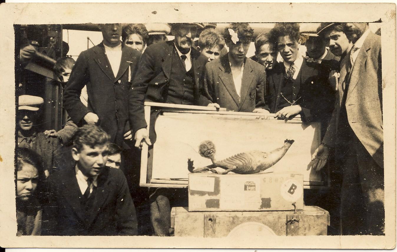 A group of young men pose around a Fejee Mermaid in 1923