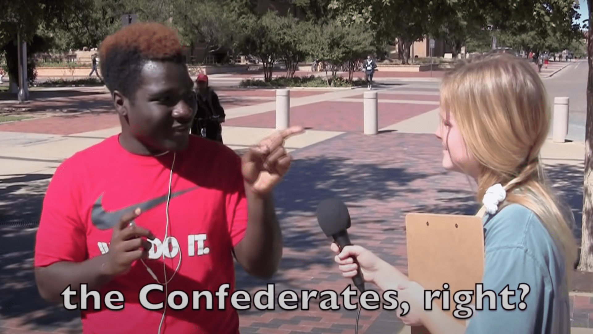 A college student is interviewing one of their peers. The interviewee is answering the question “Who won the Civil War?” incorrectly by answering “the Confederates, right?”