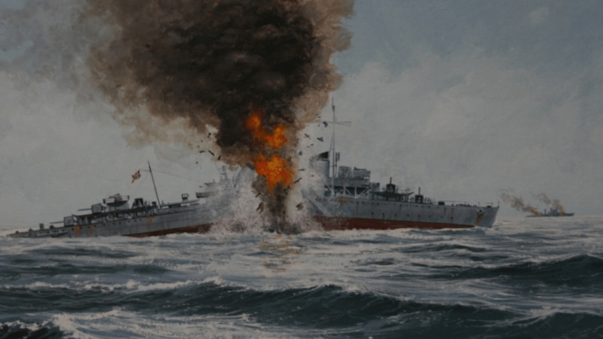 A painting depicting the Battle of the Barents Sea, World War II. The ship depicted is the German destroyer Friedrich Eckoldt.