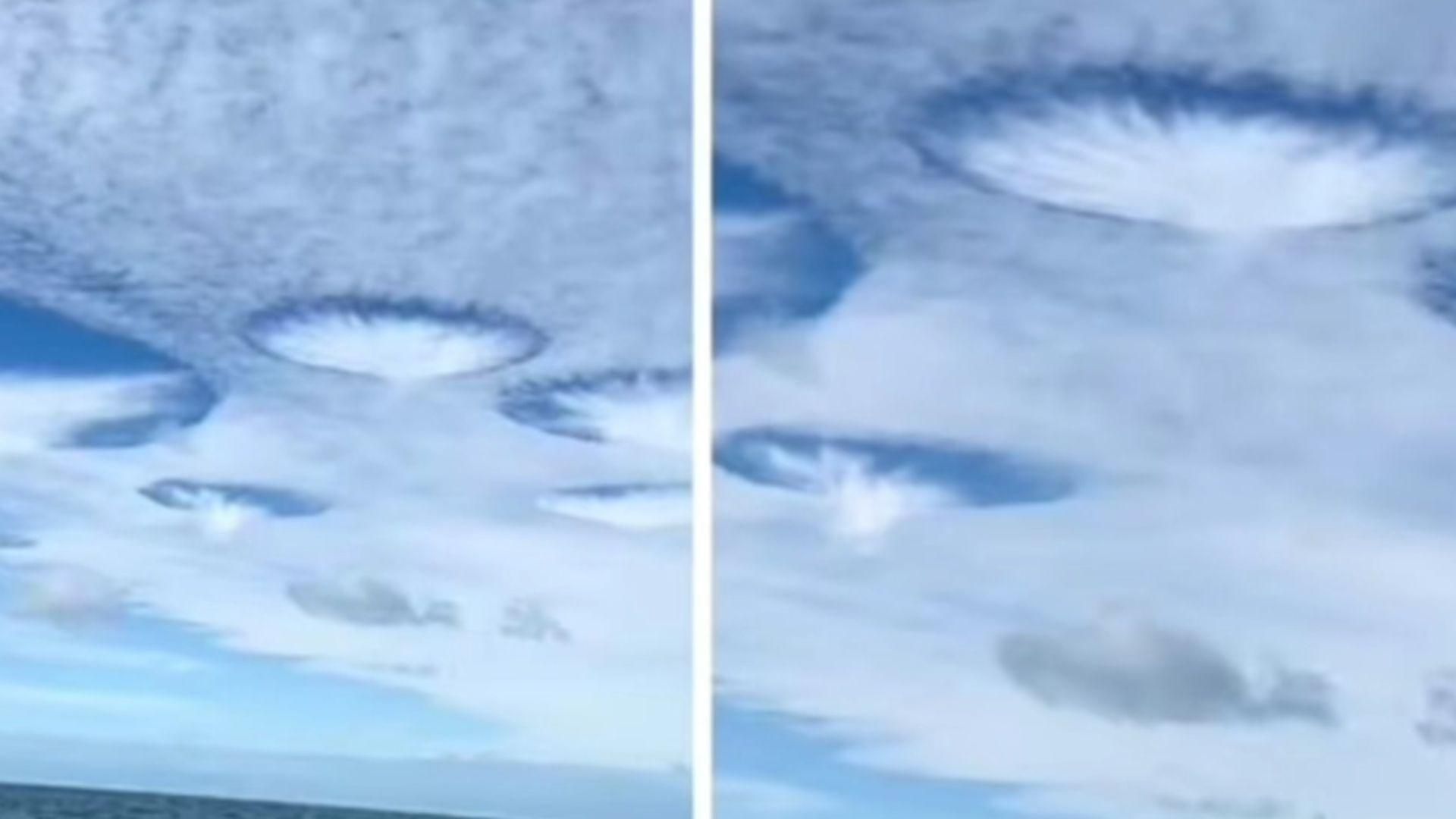 Photographs of the strange-looking circular clouds known as cavum clouds