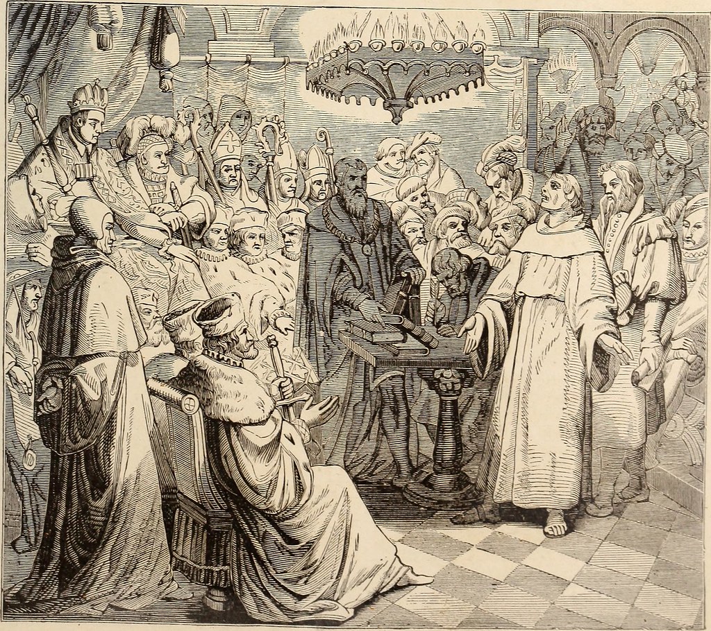 A drawing of men in robes talking with each other in a church