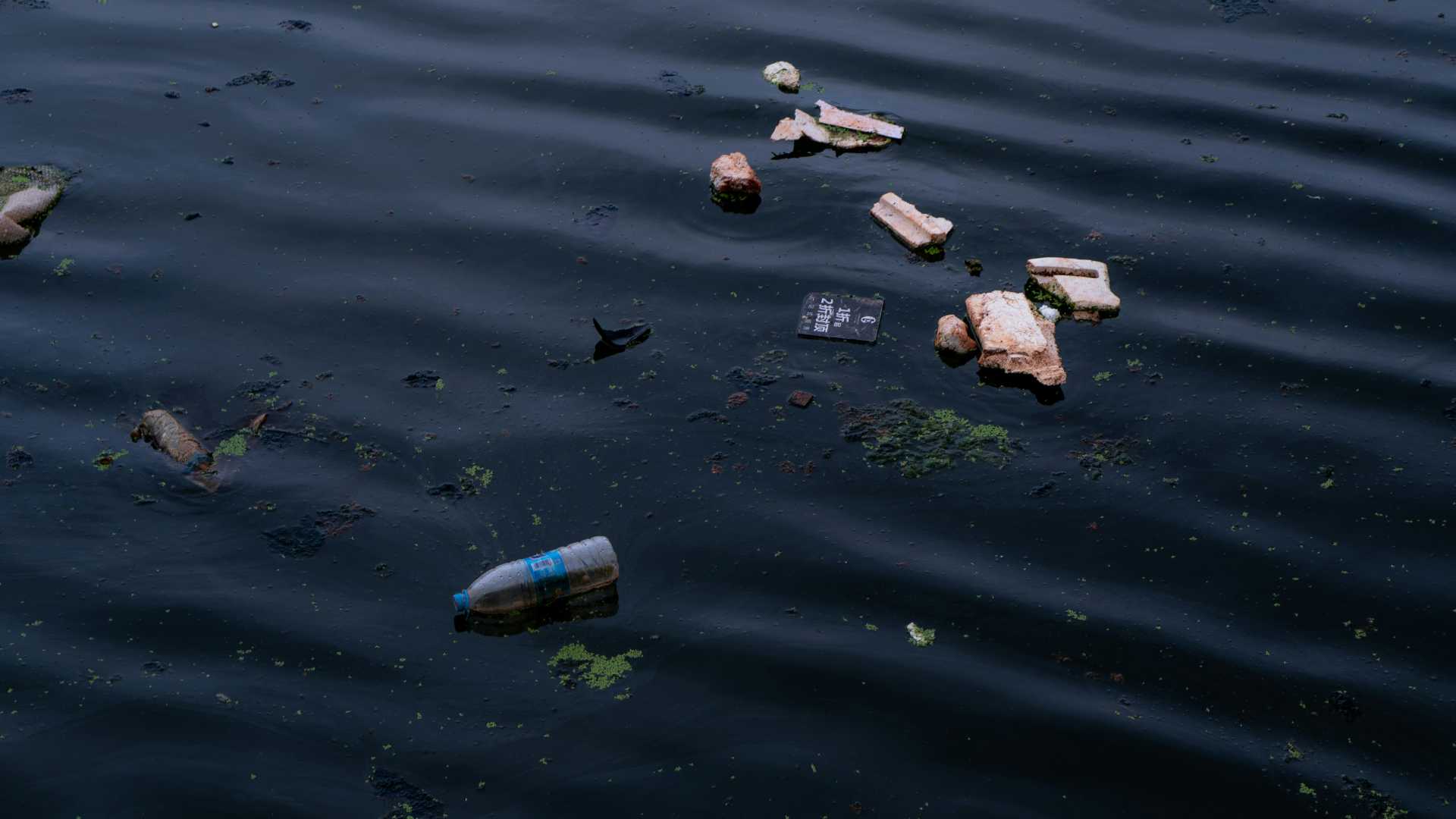 Trash floats in through water as waves ripple.