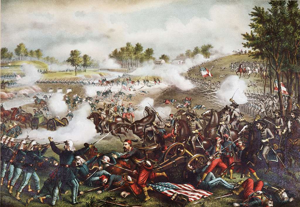 A colored painting of the First Battle of Bull Run
