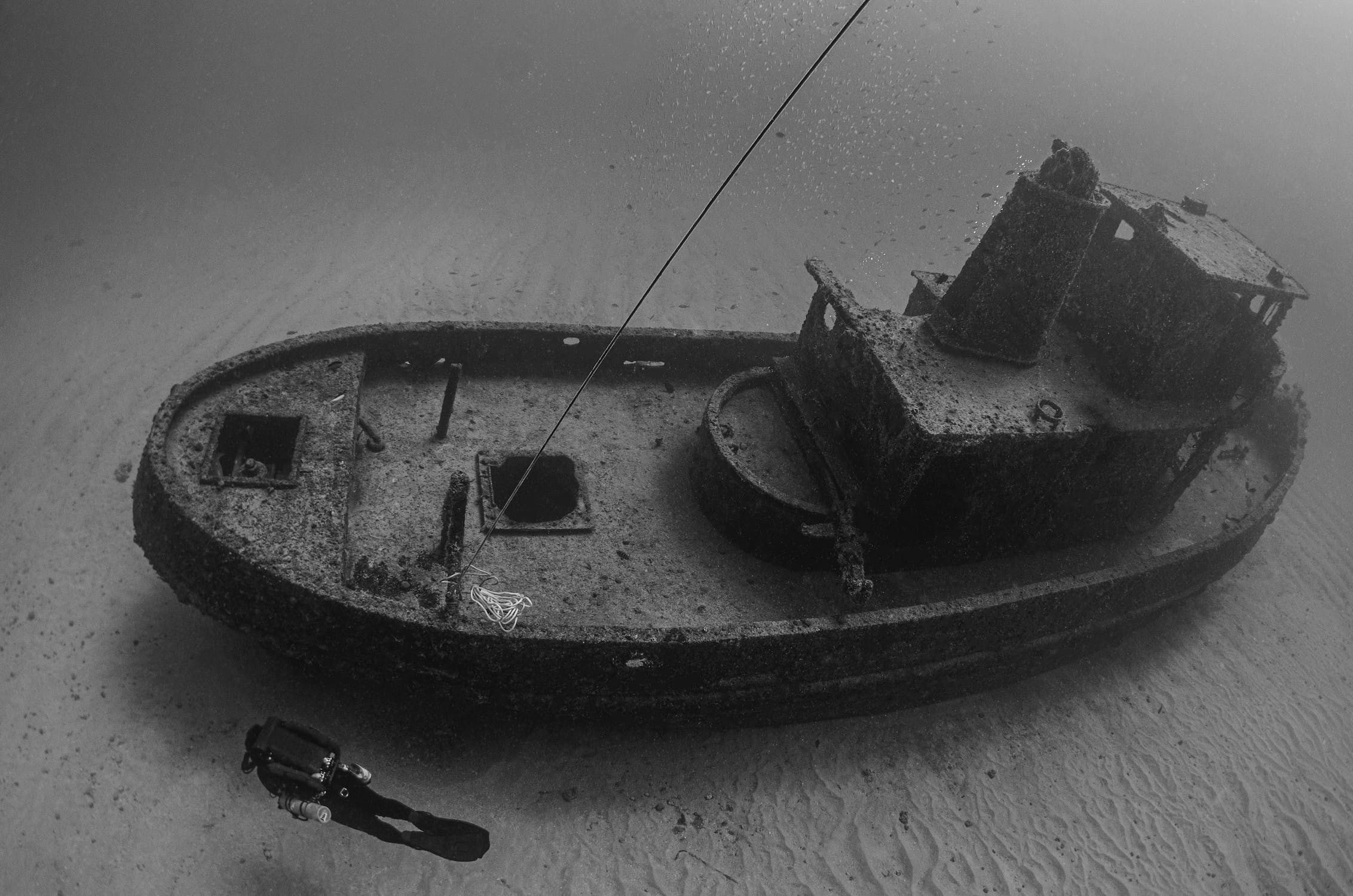 A gray scale image of a shipwreck underwater