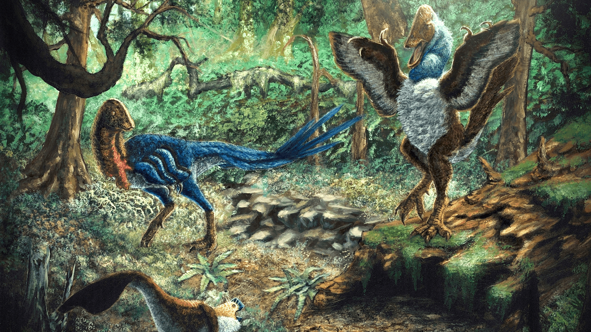 Artist’s depiction of Eoneophron infernalis (top left), MOR 752 (bottom left), and Anzu wyliei (right) in the Hell Creek Formation.