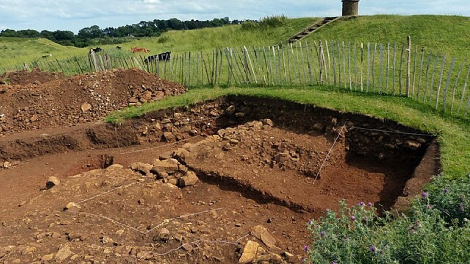 An example of an archaeological dig. The dig is taking place in a field, with the half of the field that is at the bottom of the hill having been dug up.