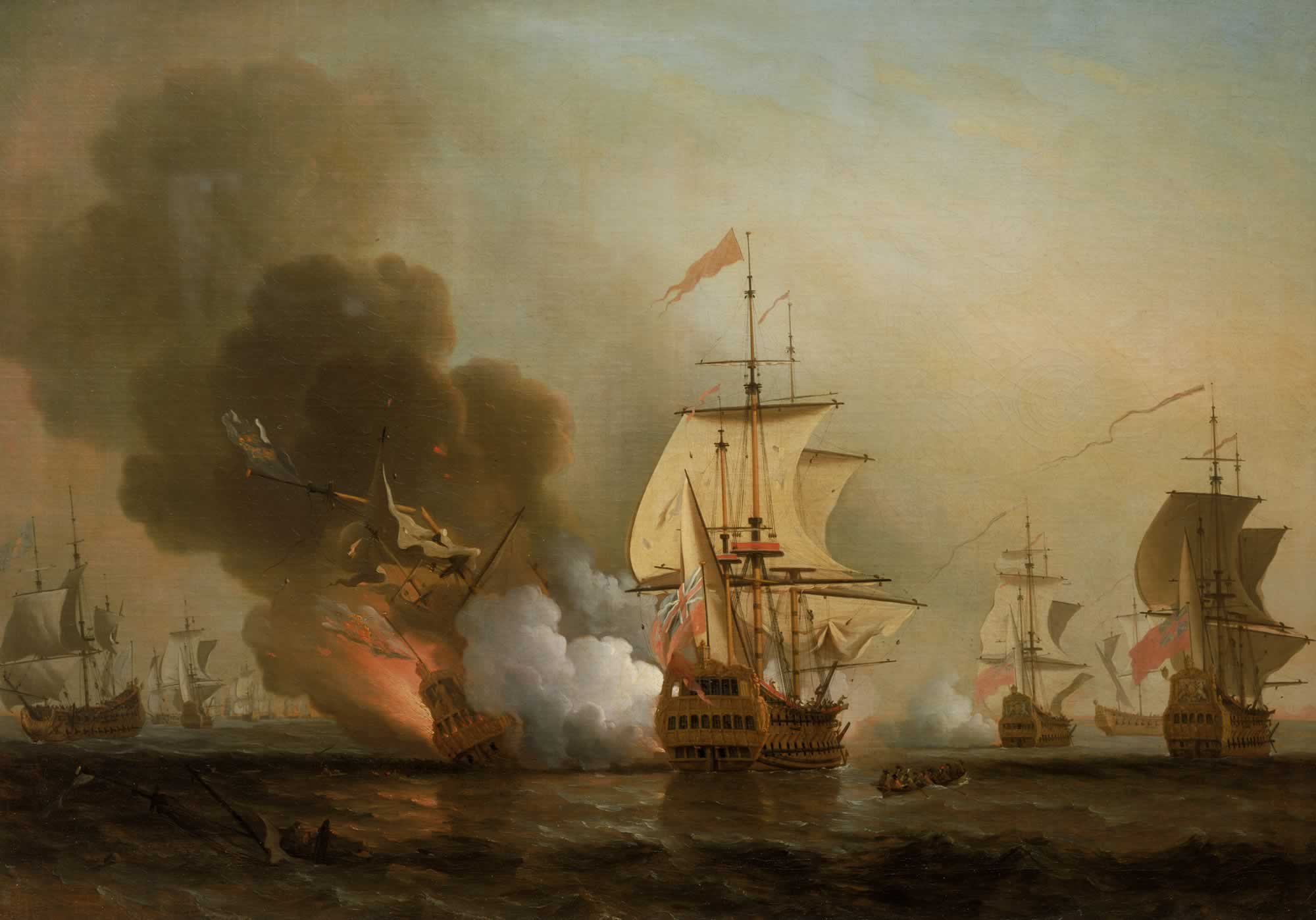 A painting of the Spanish galleon San Jose sailing during a battle