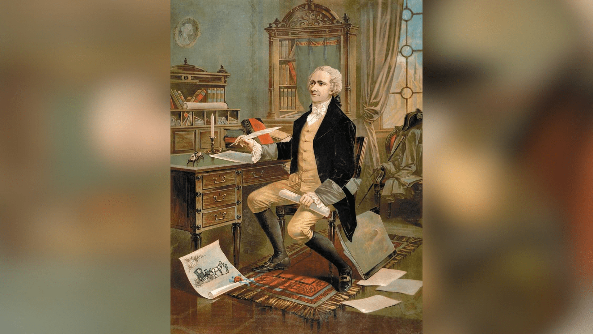 A drawing of Alexander Hamilton making the first draft of the Constitution for the United States in 1787.