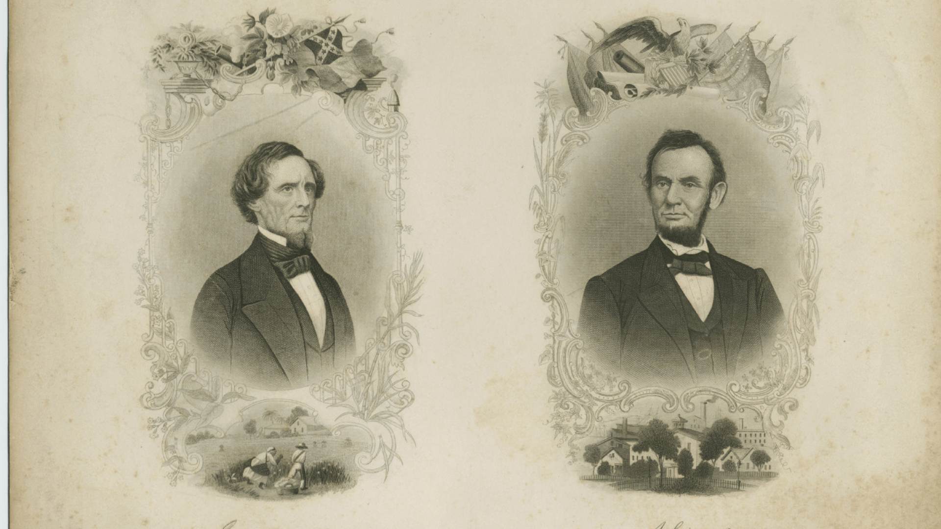 Portraits of Jefferson Davis and Abraham Lincoln side by side.