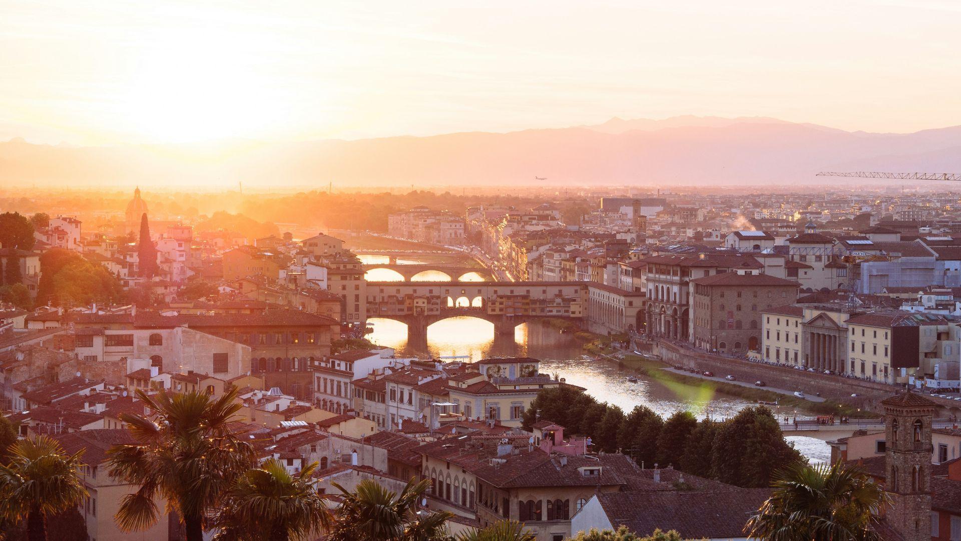 An aerial view of Florence, Italy during sunset.