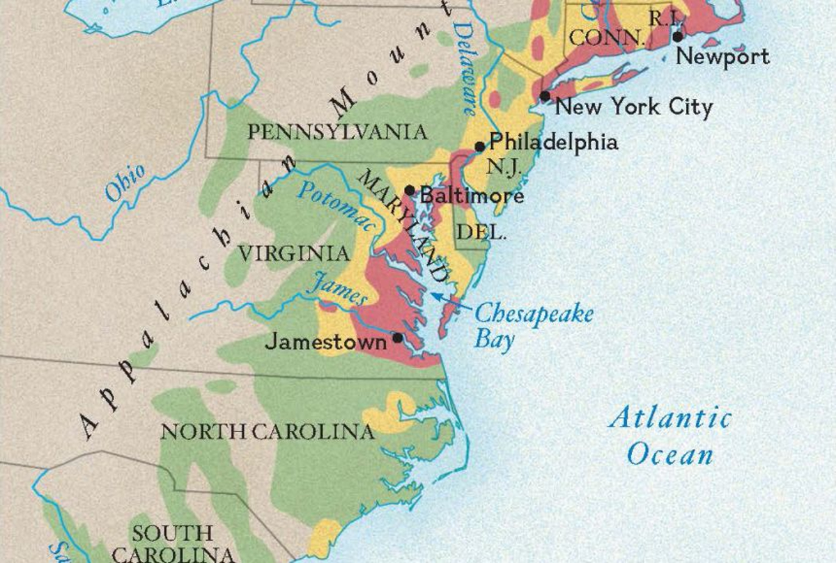 Map of the East Coast of the USA including the original Jamestown settlement