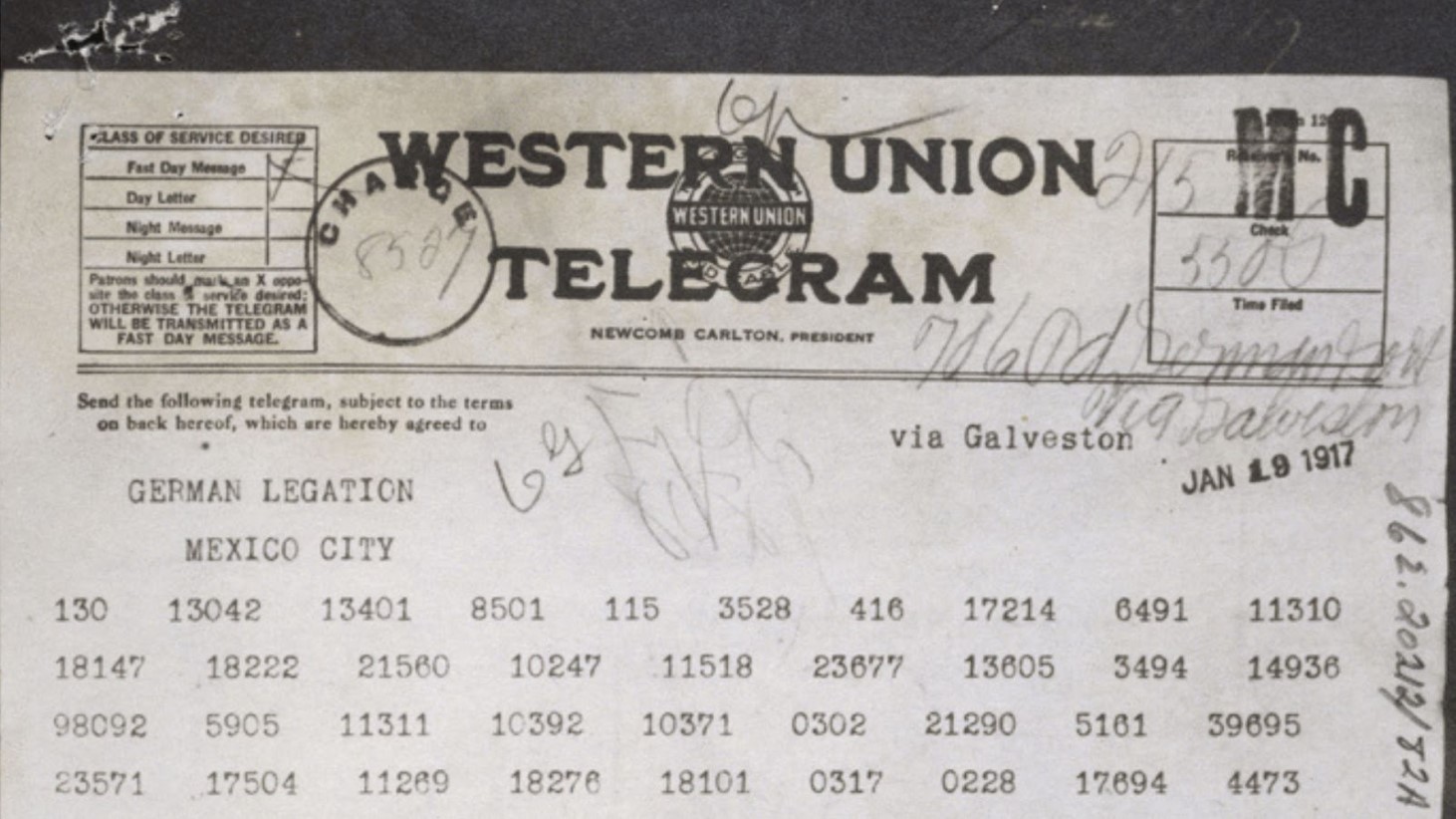 An image of a historic Western Union Telegram dated January 19, 1917