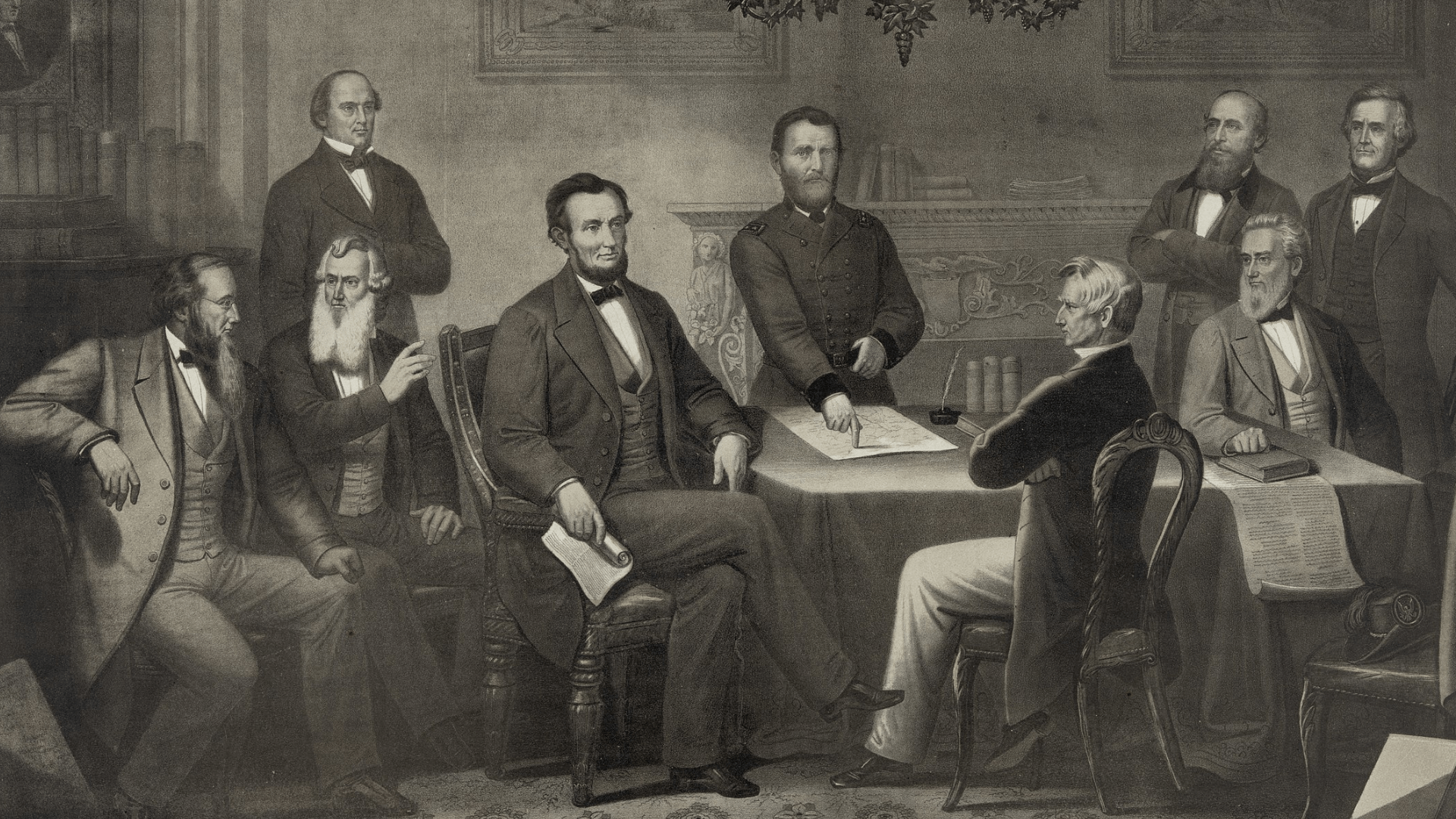 Black-and-white drawing of President Lincoln and his cabinet.