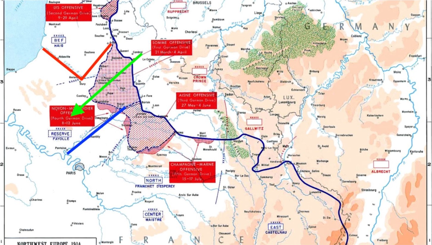 A detailed color map displaying various offensives along the Western Front in World War I, annotated with dates and names. The map shows different drives like the Somme, Lys, Aisne, and Champagne-Marne, with arrows indicating the direction of the offensives