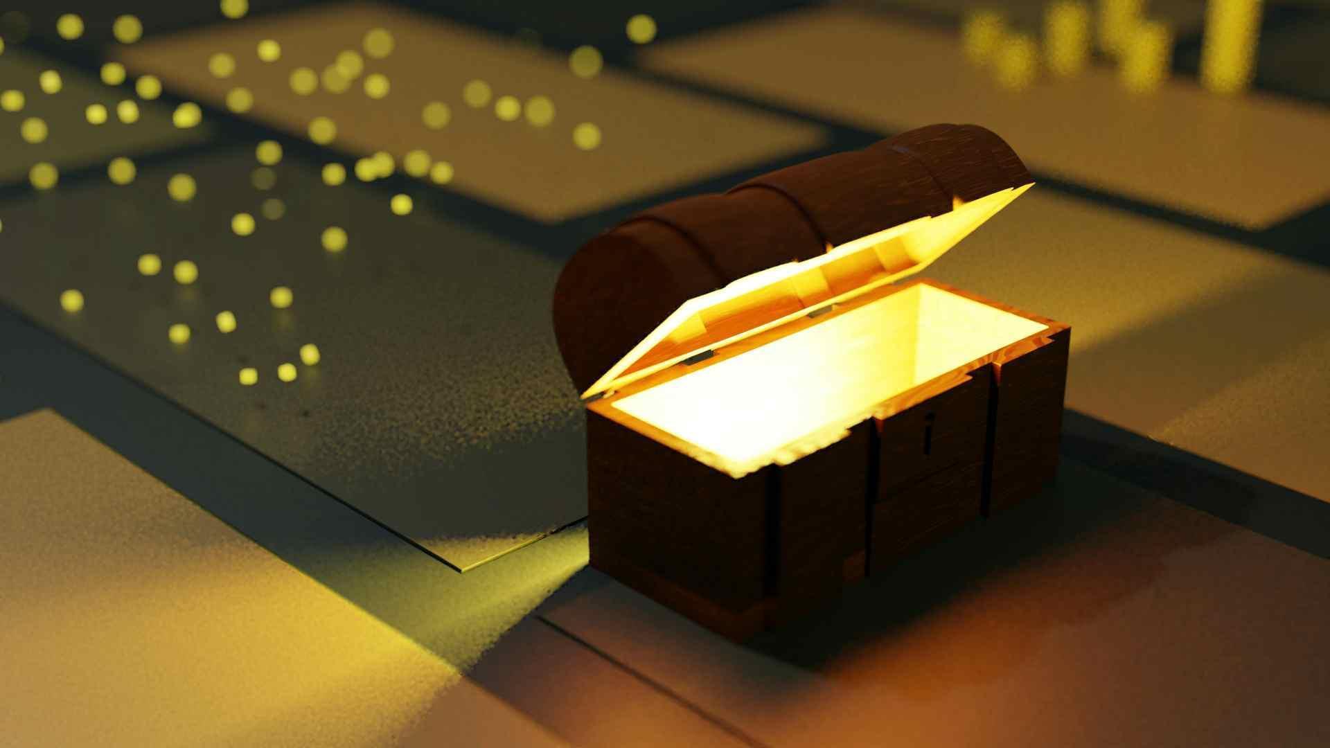 A treasure chest opens, revealing a golden glow.