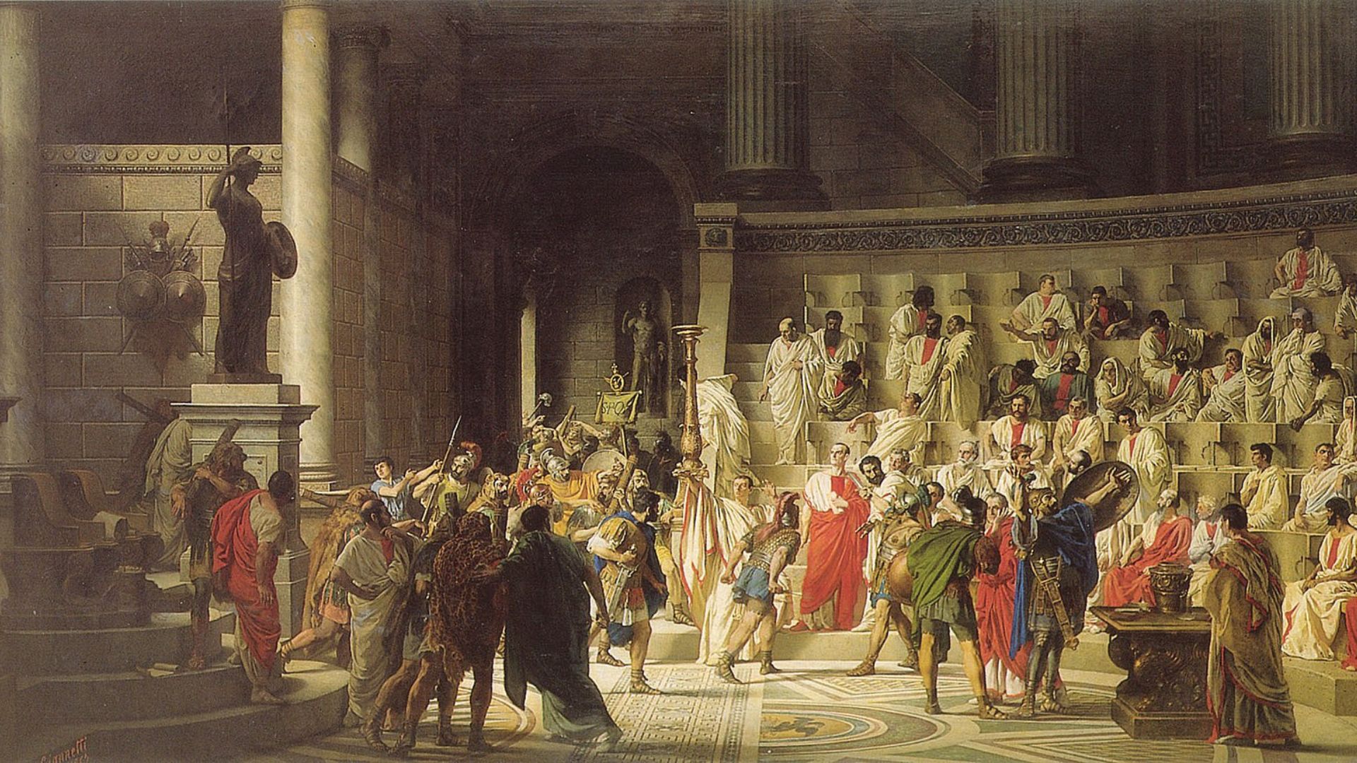 A detailed classical painting depicting a scene inside the Roman Senate. The image shows a grand interior with Roman senators dressed in togas, some seated on tiered benches and others standing, engaged in animated discussion