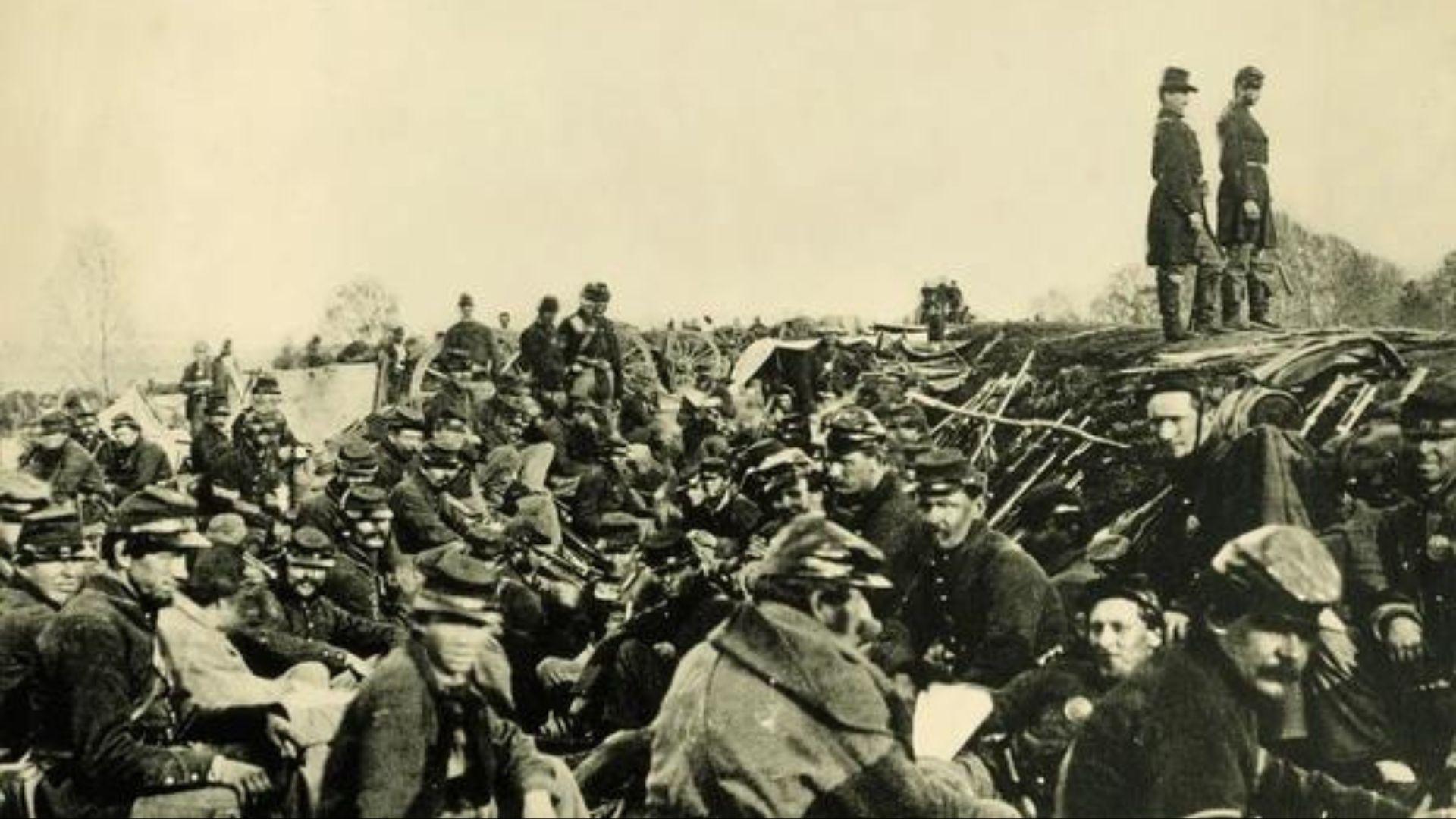 Photograph of soldiers waiting for instruction during the US Civil War