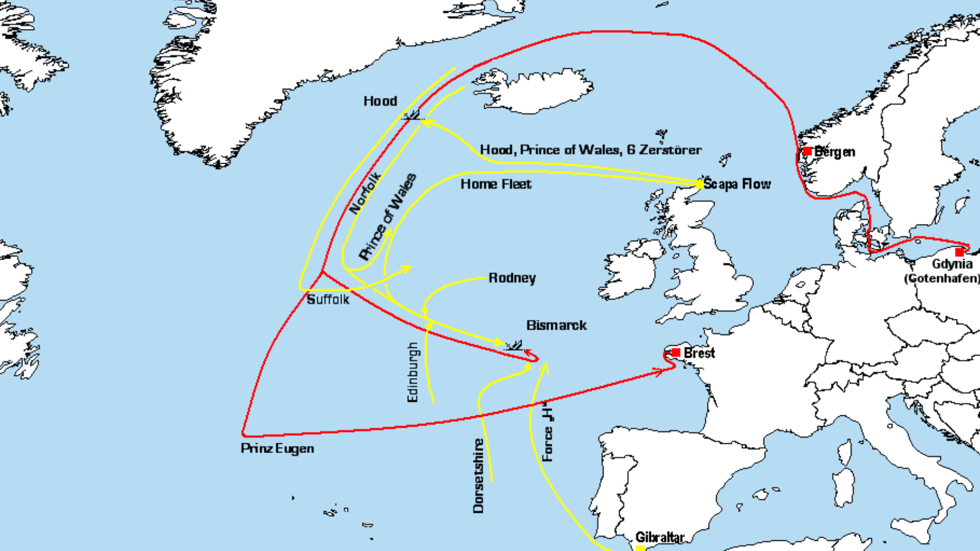 Map of the movements of the German (red) and British (yellow) ships during Operation Rheinübung, an attempted commerce raiding operation conducted by the battleship Bismarck in May 1941.