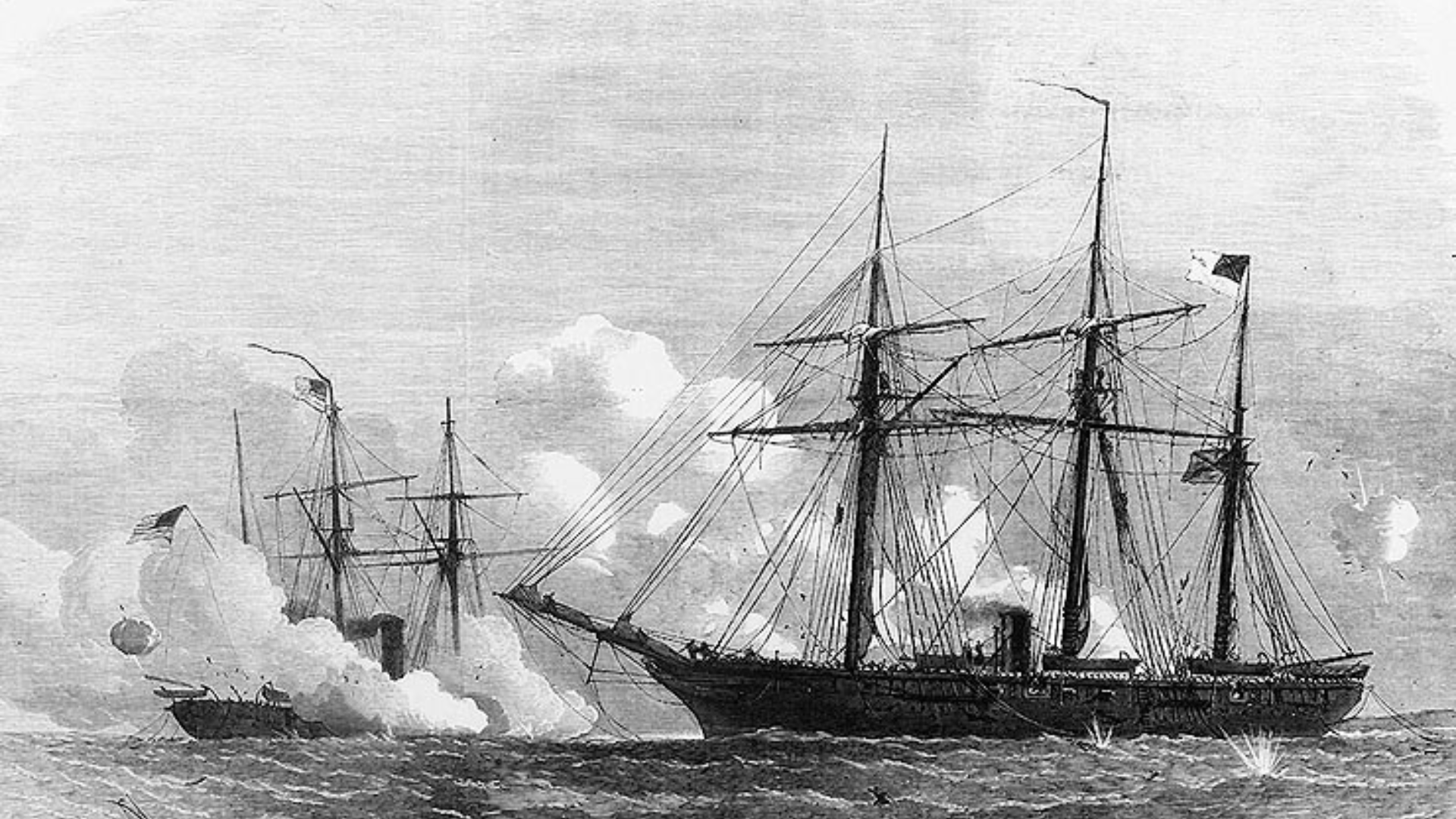 The fight between the Alabama and the Kearsarge at the Battle of Cherbourg.