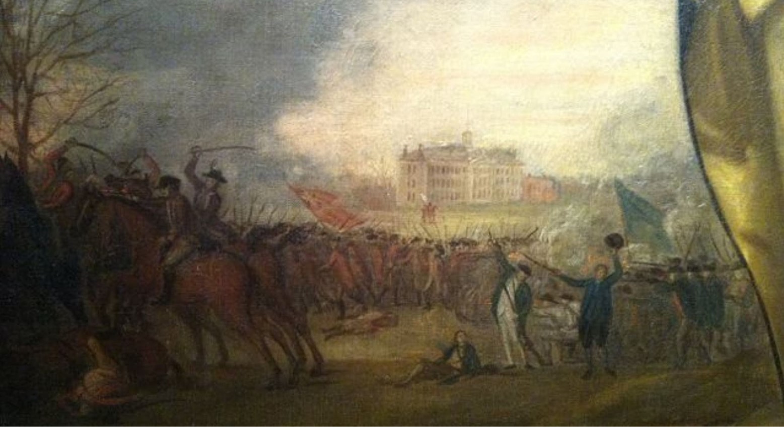 A painting of the American Revolution. Some soldiers are on horses and others are on the ground. Most people are selling swords. There is a building in the background.