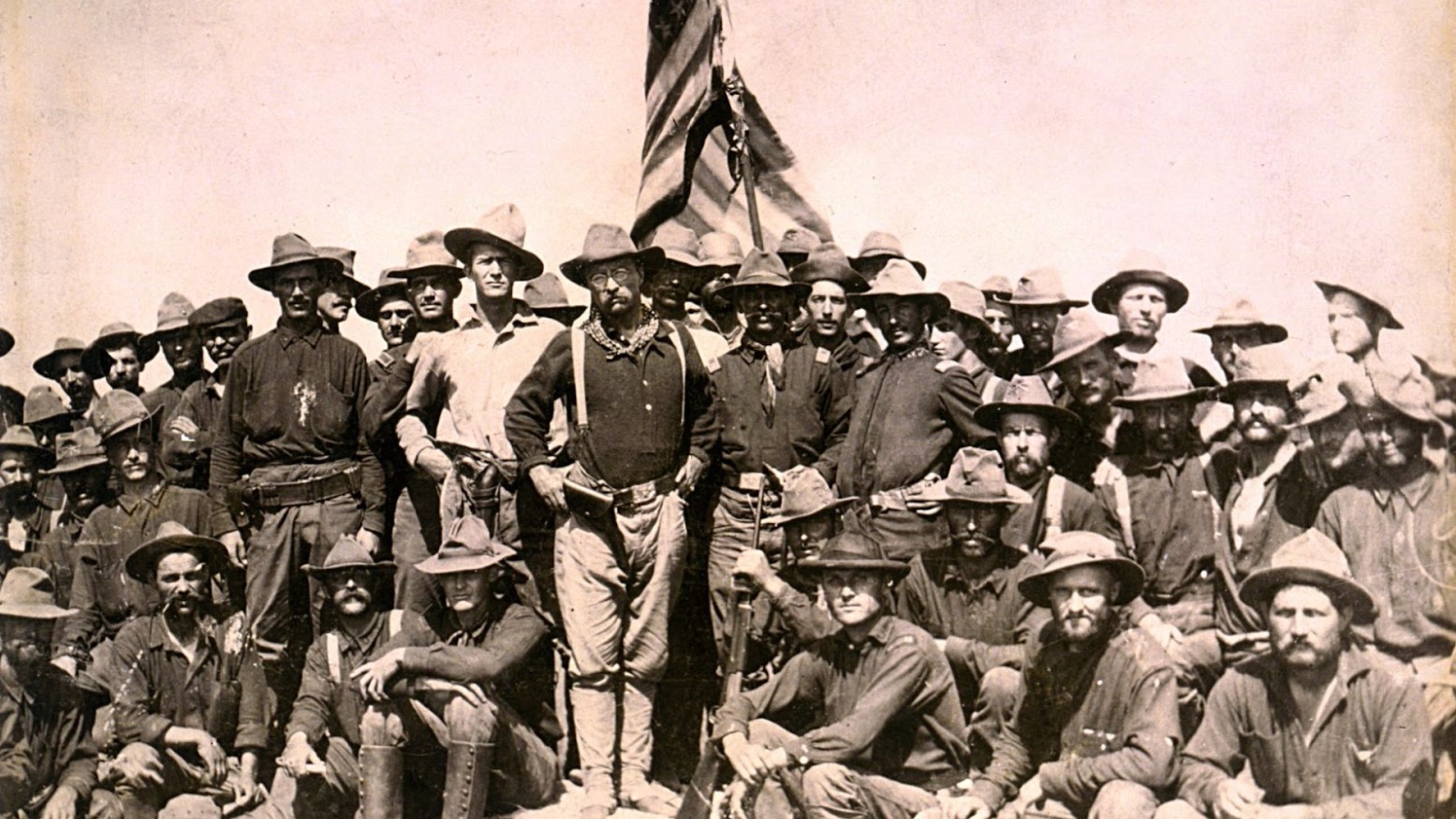 A photo of a group of men known as the Rough Riders after a successful Battle of San Juan.