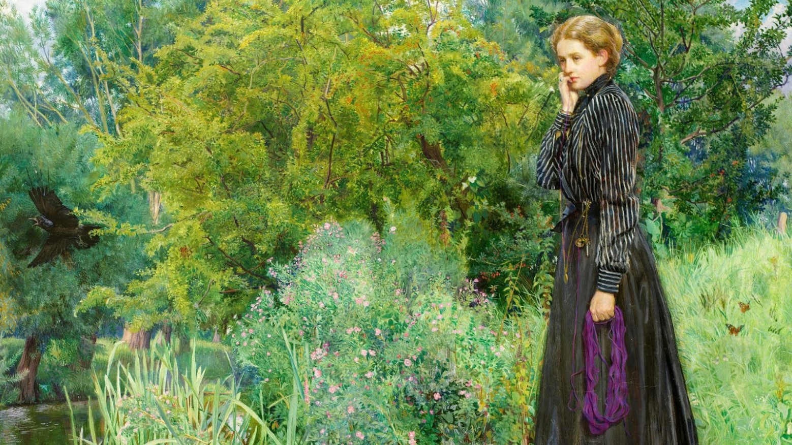 An old painting of a woman standing in the grass around green shrubbery.