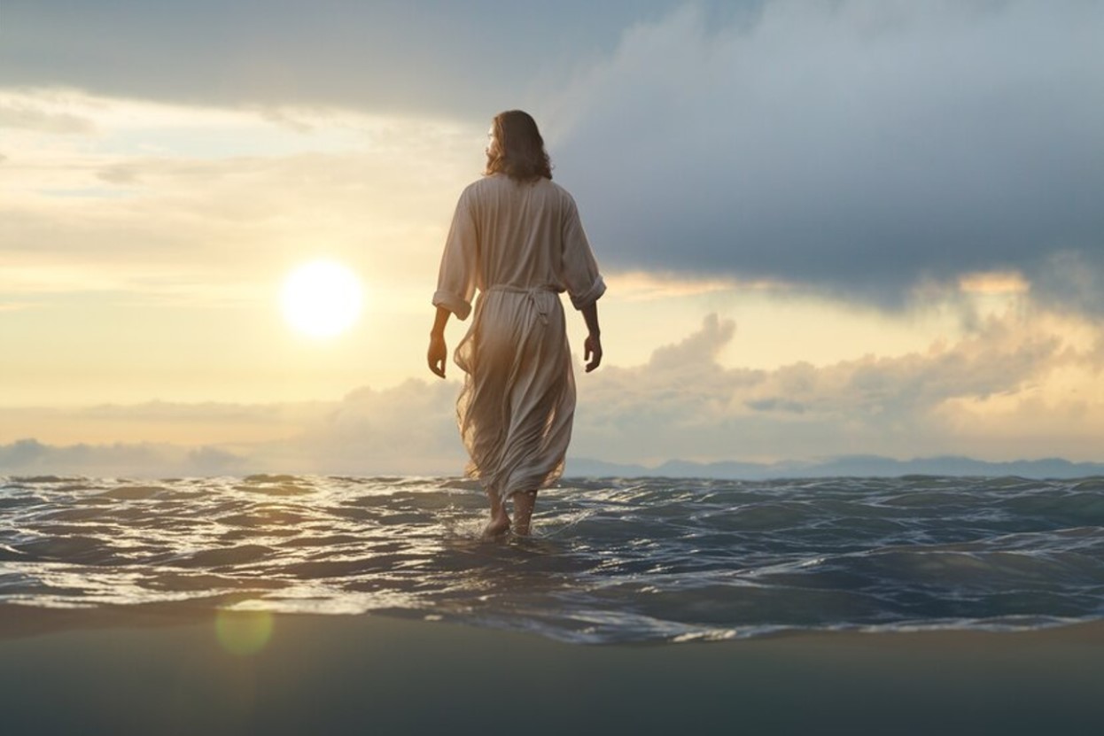 Digital illustration of Jesus walking on the water