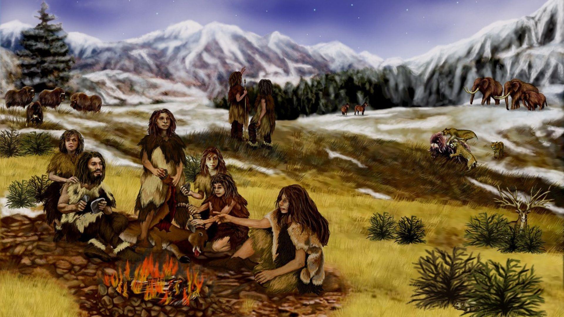 A painting depicting Neanderthals around a campfire, with some in the distance, and animals and mountains in the background.