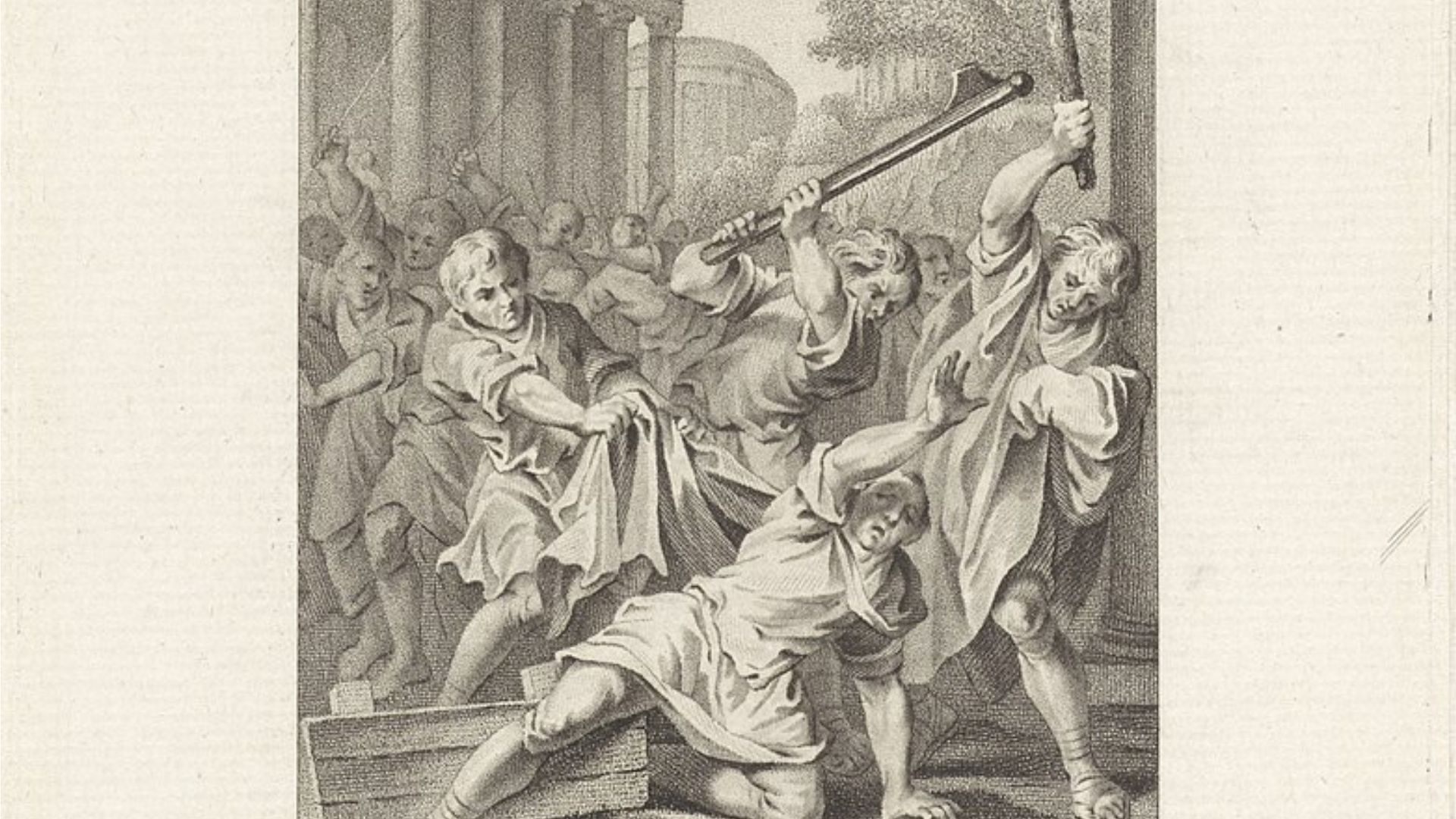 Black and white engraving showing a chaotic scene with multiple Roman figures in togas. One figure in the center raises a club high above his head, seemingly about to strike a fallen figure below him