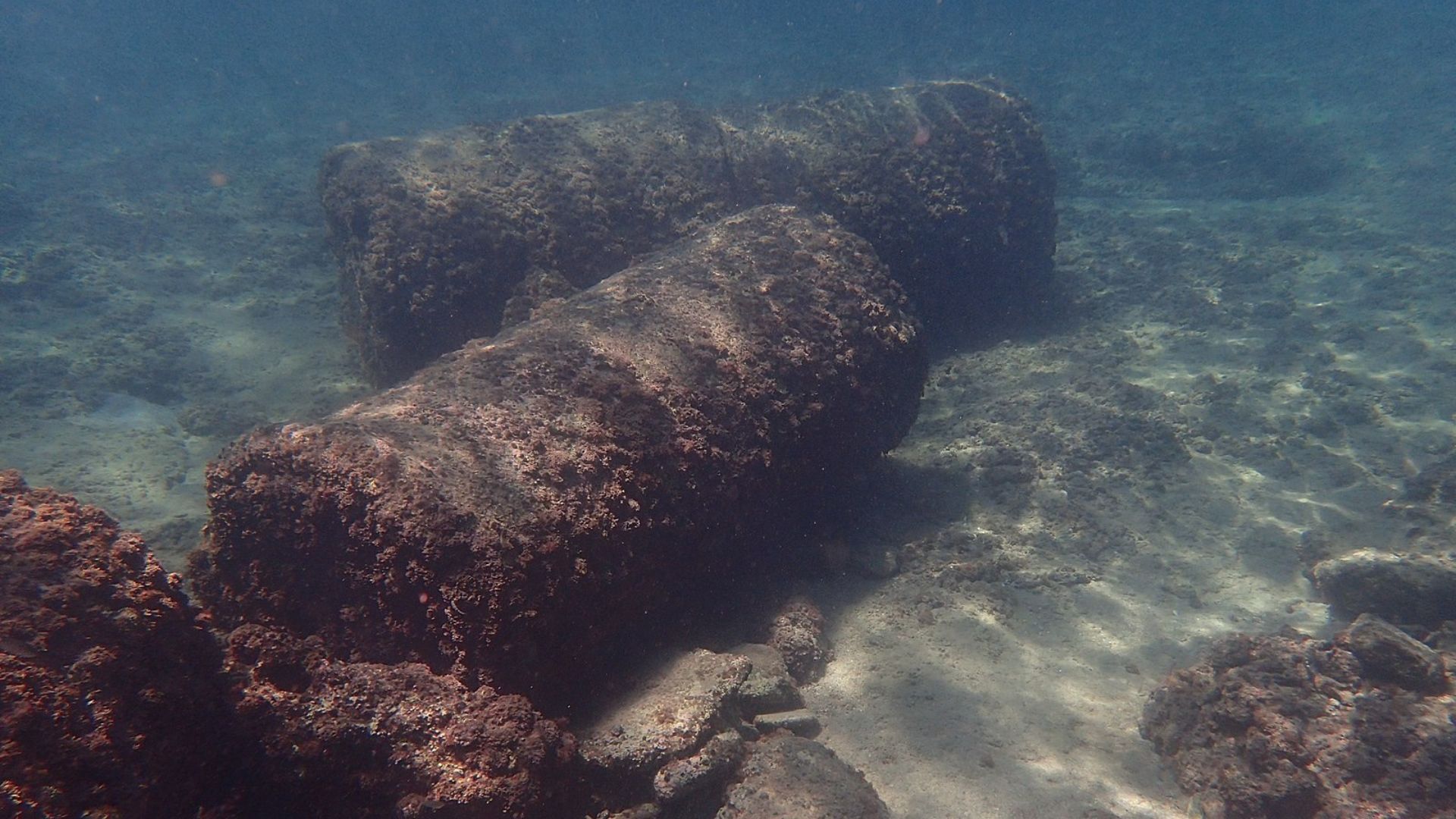 Submerged in clear water, the image shows a series of Roman columns heavily encrusted with coral, creating a textured, rugged appearance