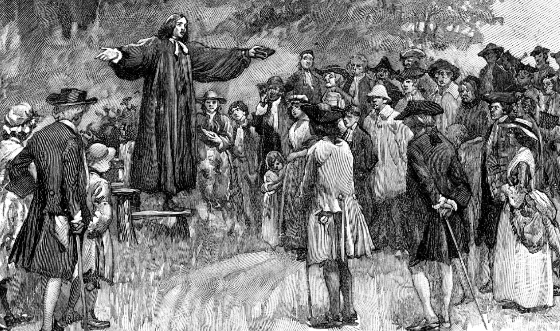Drawing of George Whitefield preaching to a crowd during the first Great Awakening