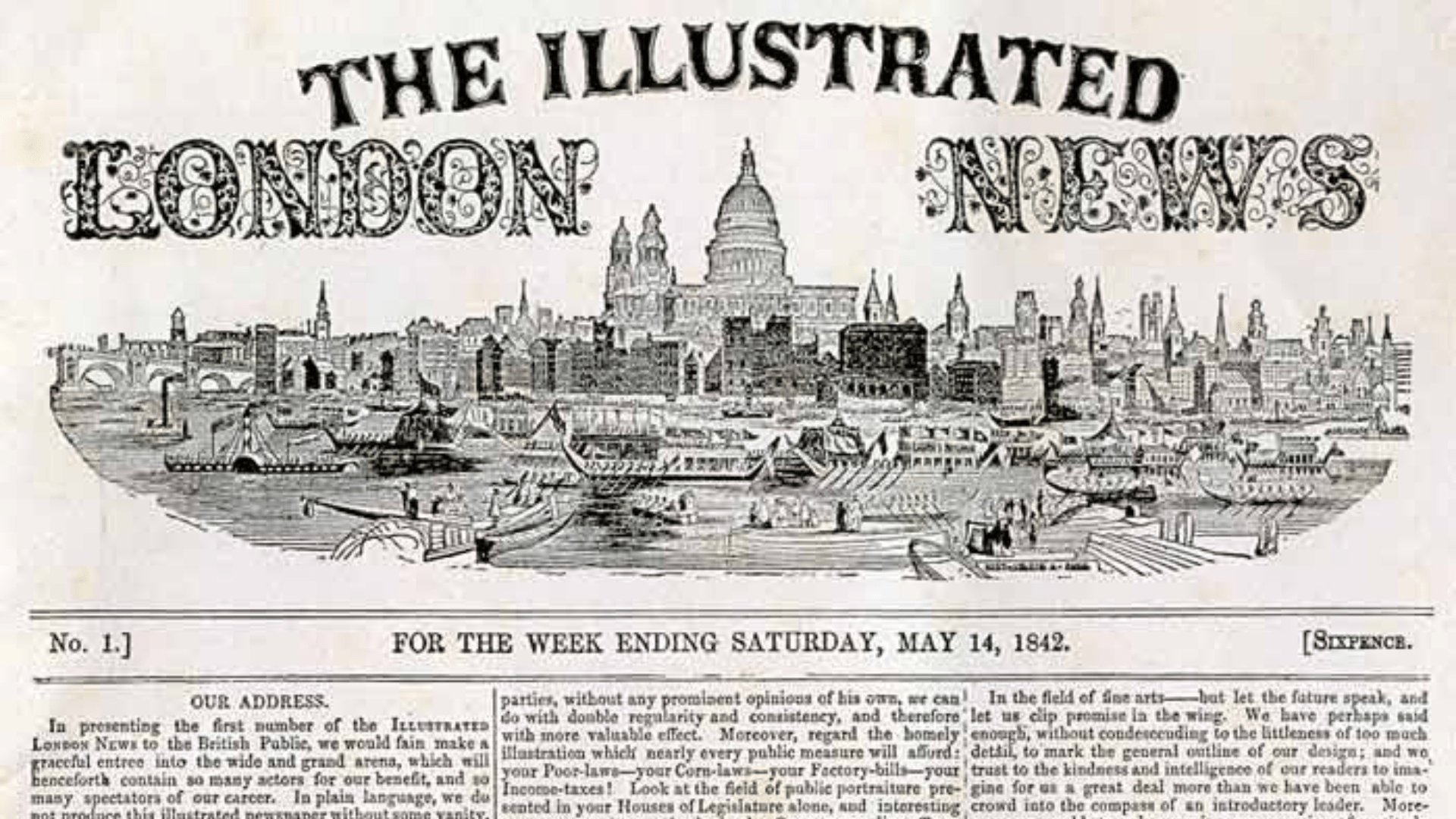 The front page of the first issue of the Illustrated London News from 1842.