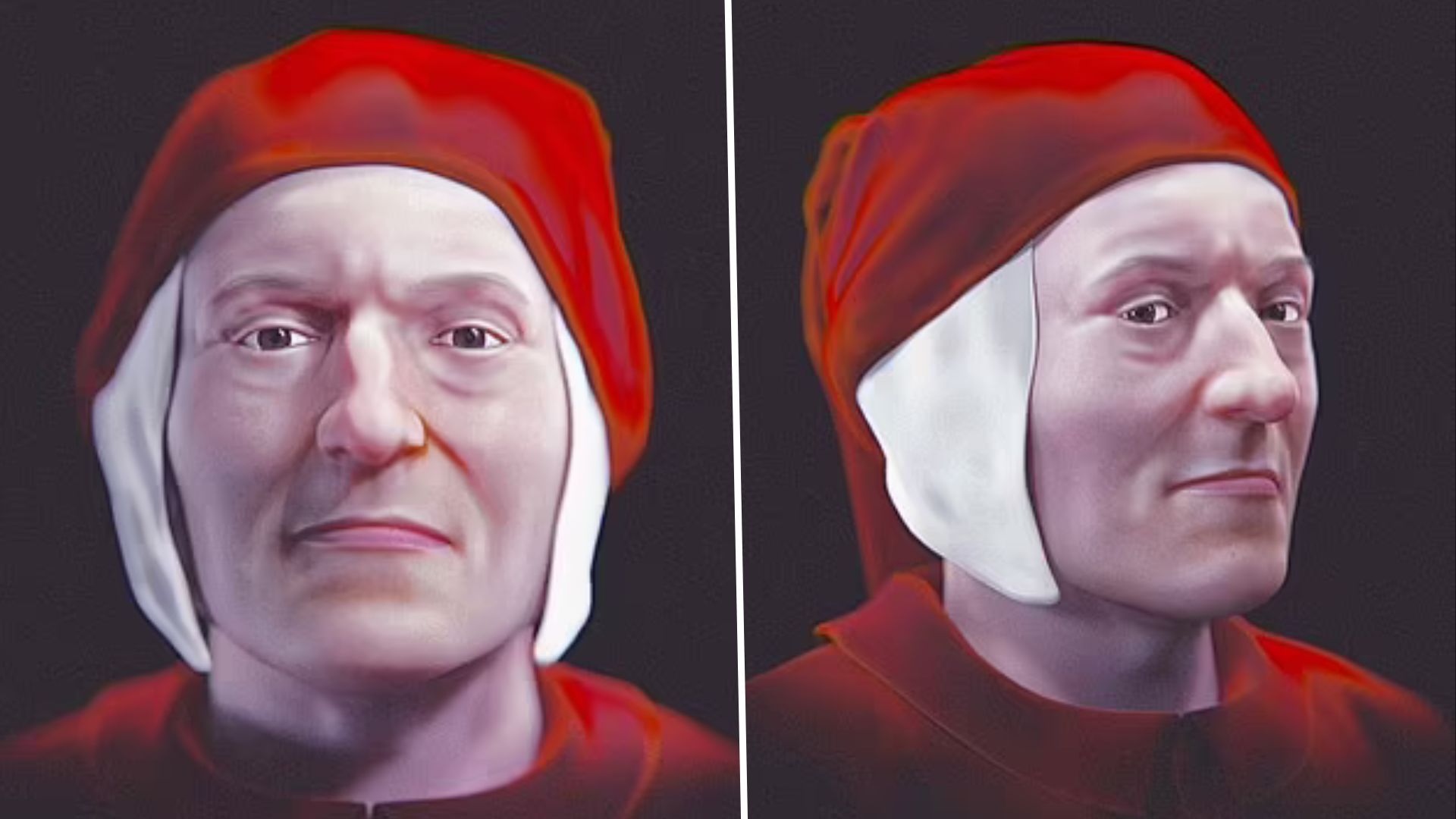 A CGI animation of a man with short white hair and a red cap against a black background